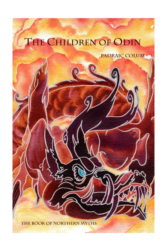 Book cover of 'The Children of Odin' with a dragon design and fiery background.