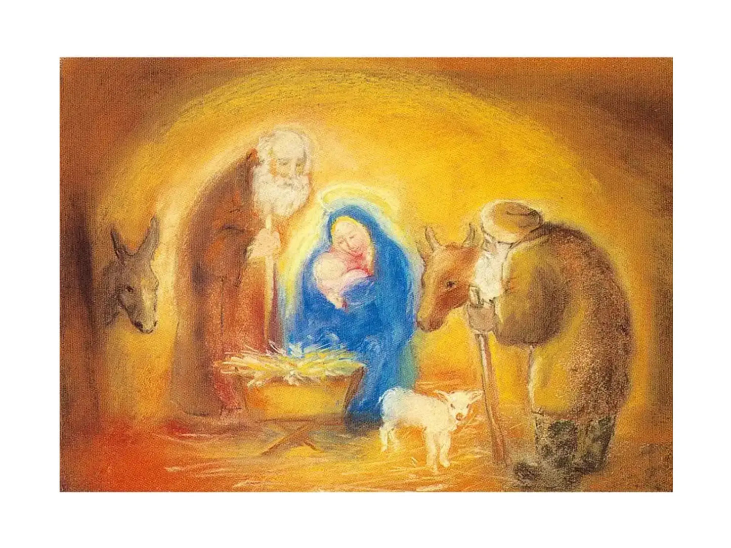 Nativity scene with Mary, Joseph, baby Jesus, donkey, and sheep.