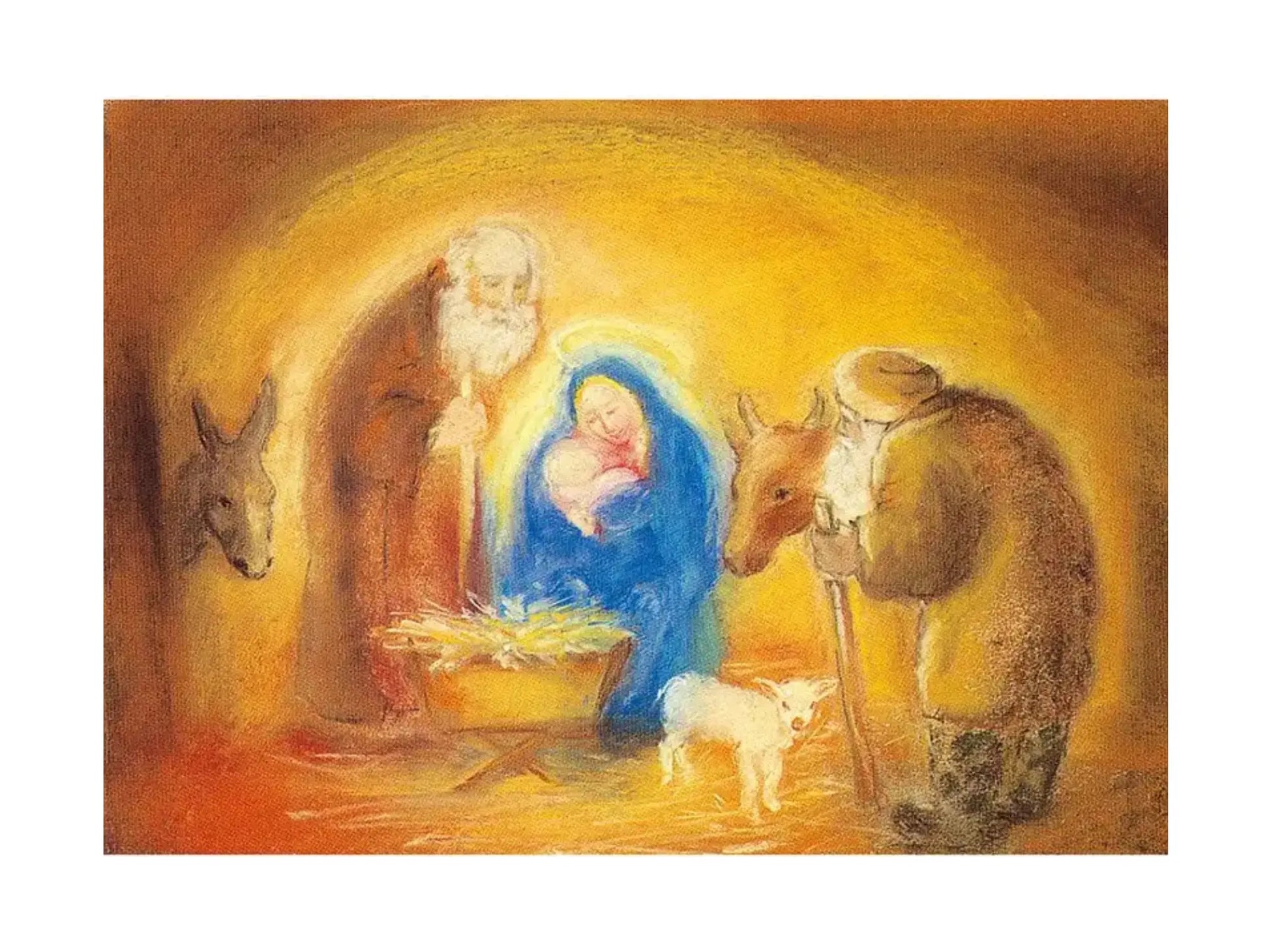 Nativity scene with Mary, Joseph, baby Jesus, donkey, and sheep.