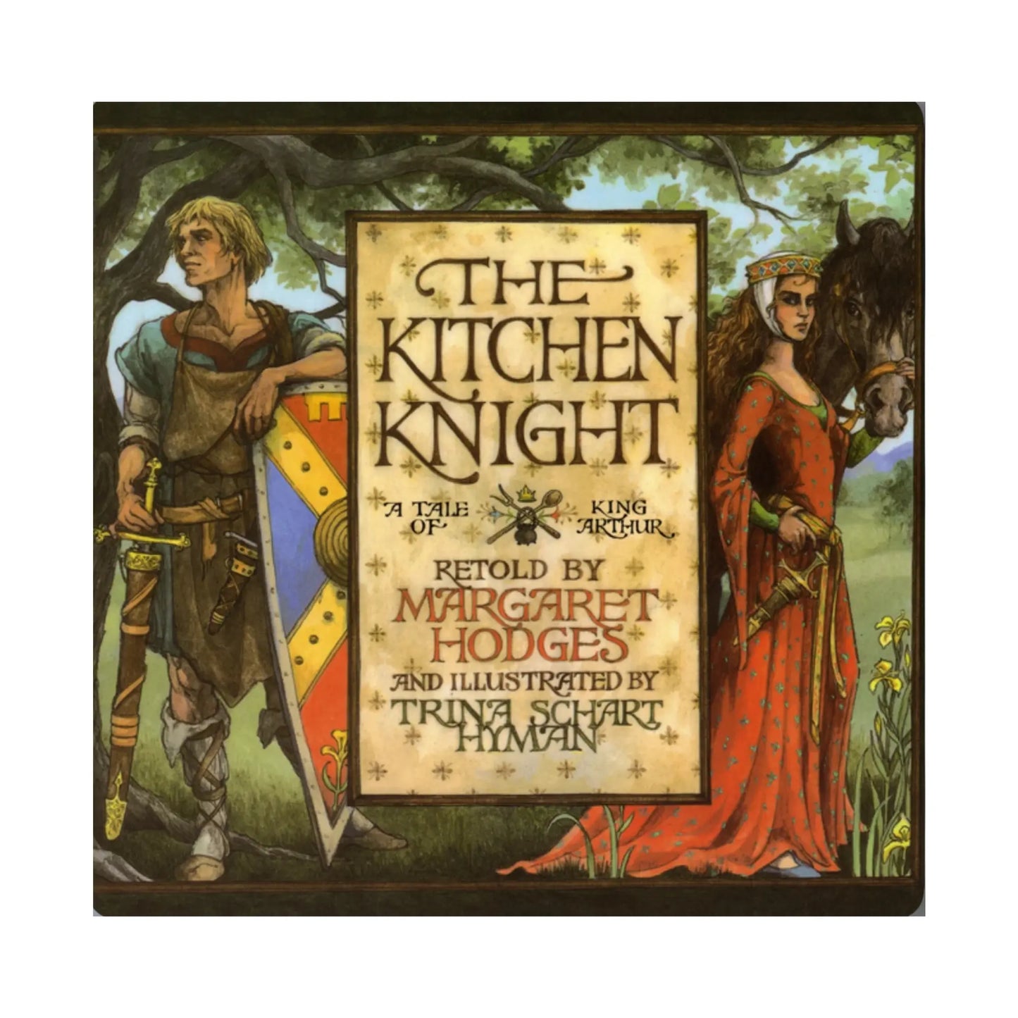 Book cover of 'The Kitchen Knight' with illustrations of a knight and a lady, set against a forest background.
