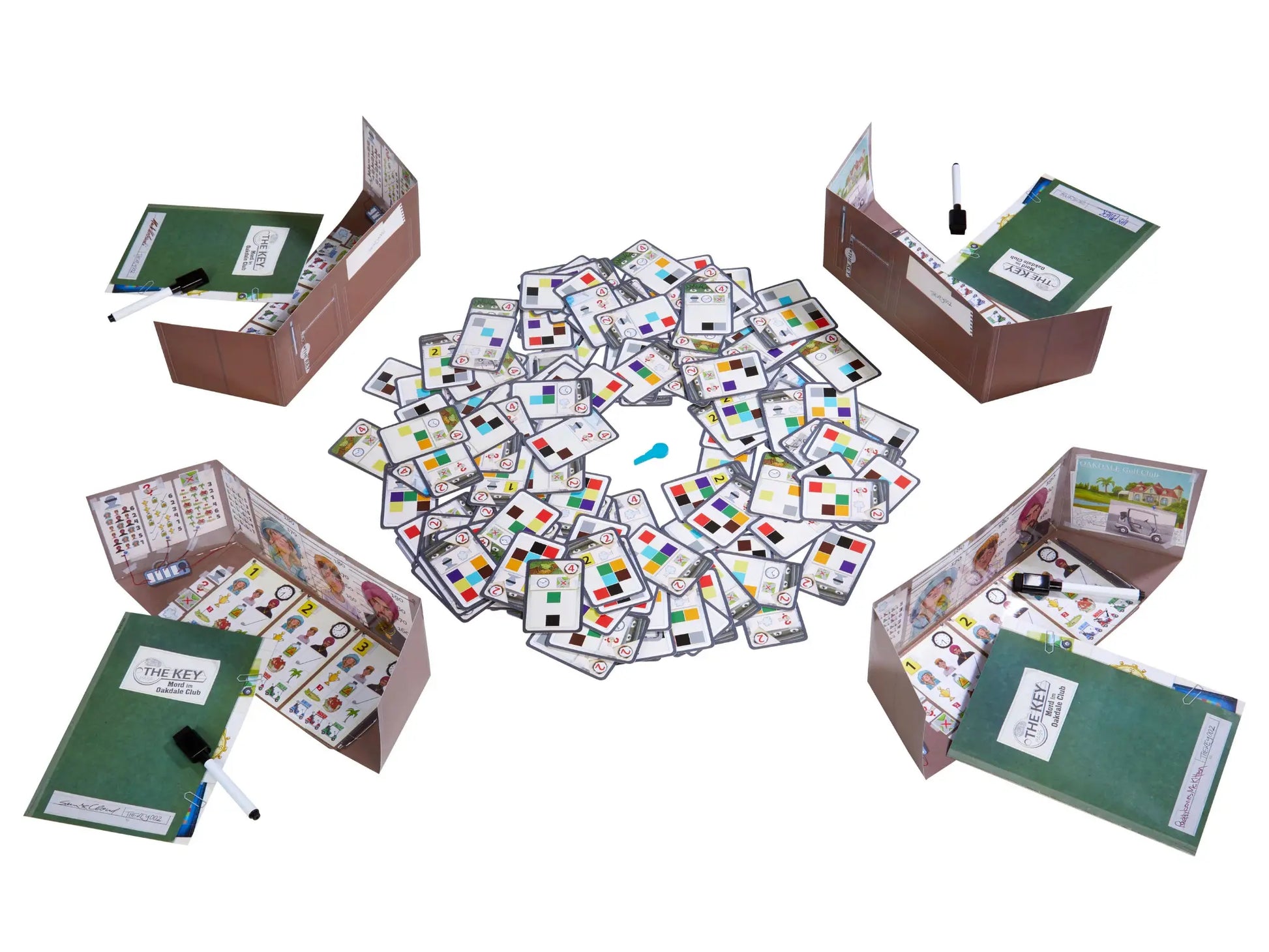 Collection of educational cards and books on a white background