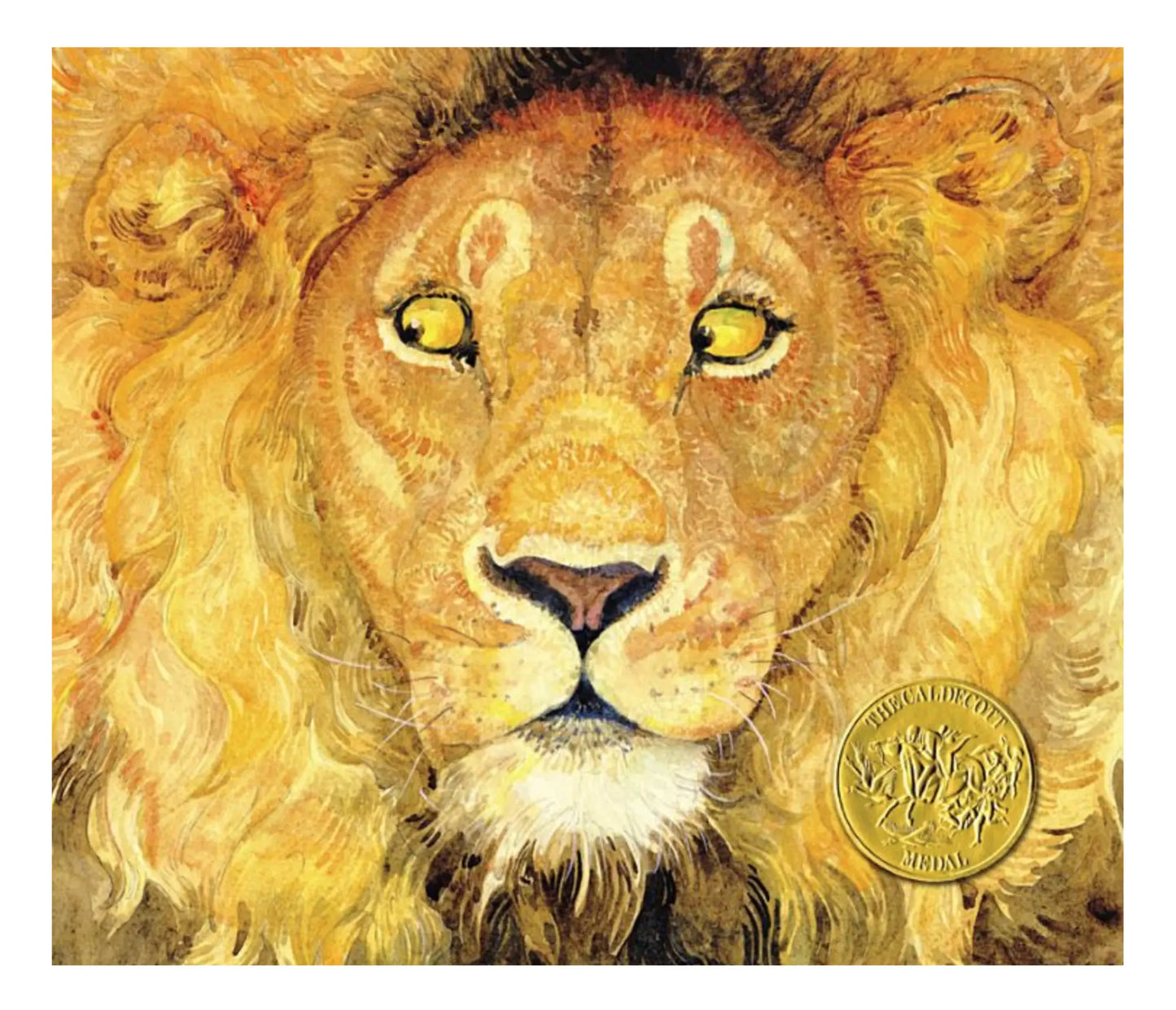 Illustration of a lion's face with a Caldecott Award Medal