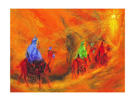 Marjan van Zeyl's Three Wise Men on camels in a glowing desert riding toward a star in the sky.