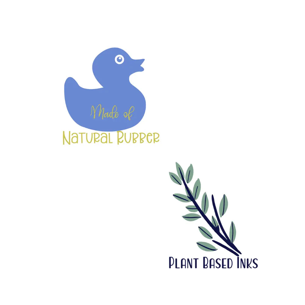 Blue rubber duck with 'Made of Natural Rubber' text and plant-based ink leaf on a white background