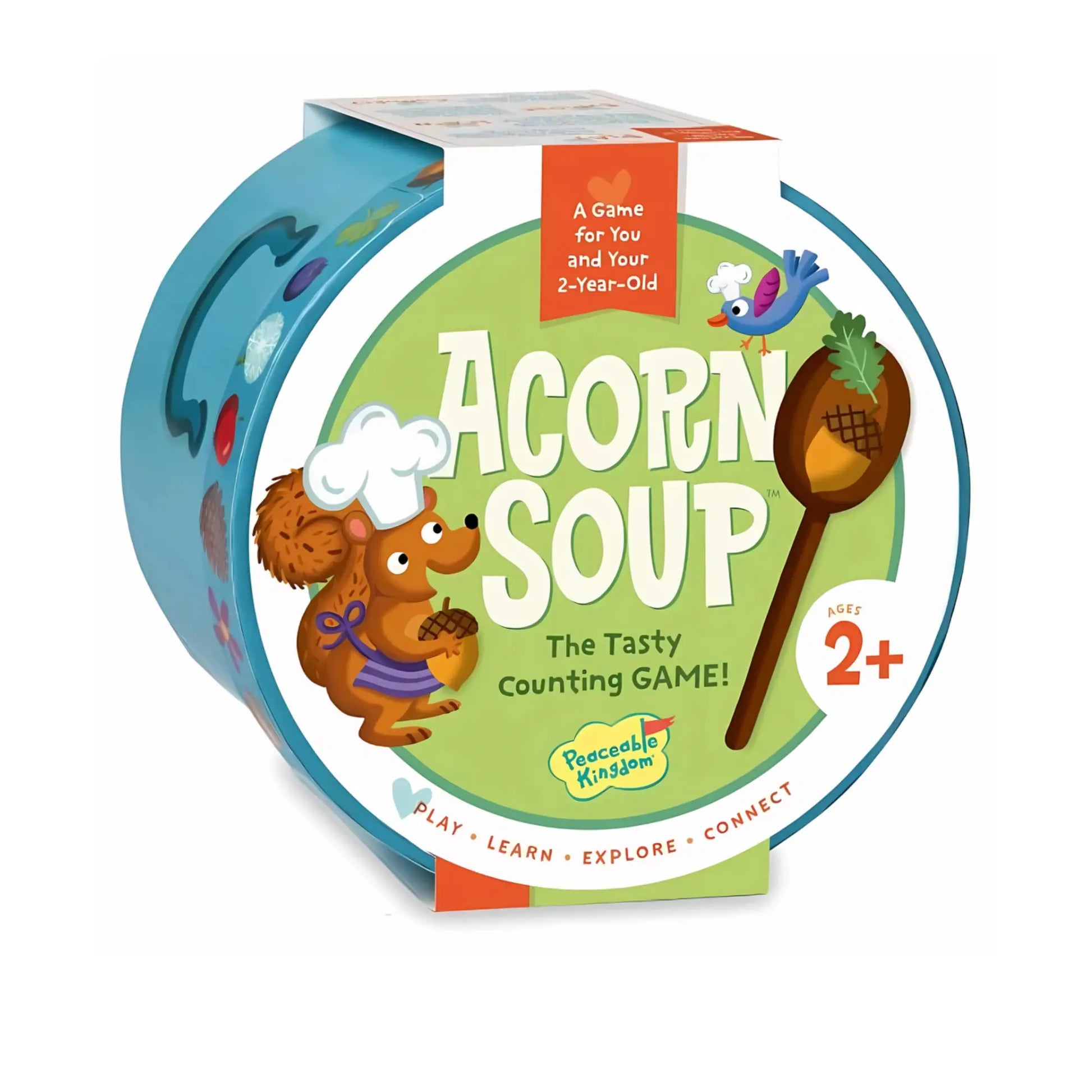 First game for toddlers with packaging for 'Acorn Soup' with a cartoon squirrel and wooden spoon on a white background.