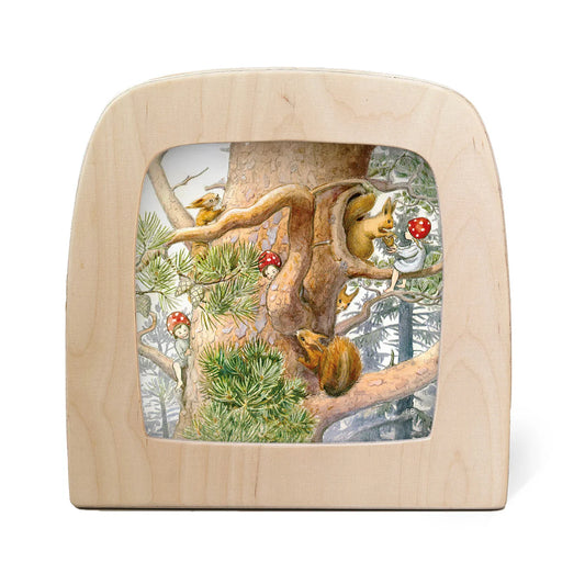 Wooden Toverlux frame with a nature-themed illustration of squirrels and mushrooms