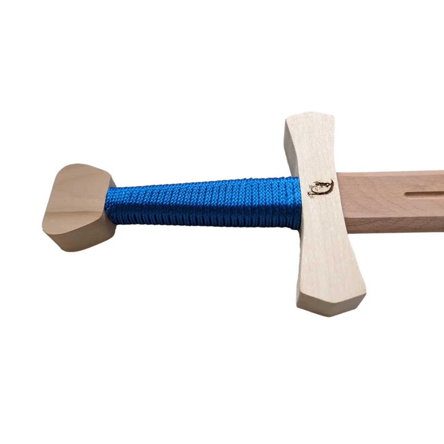 Wooden toy with blue rope on a white background