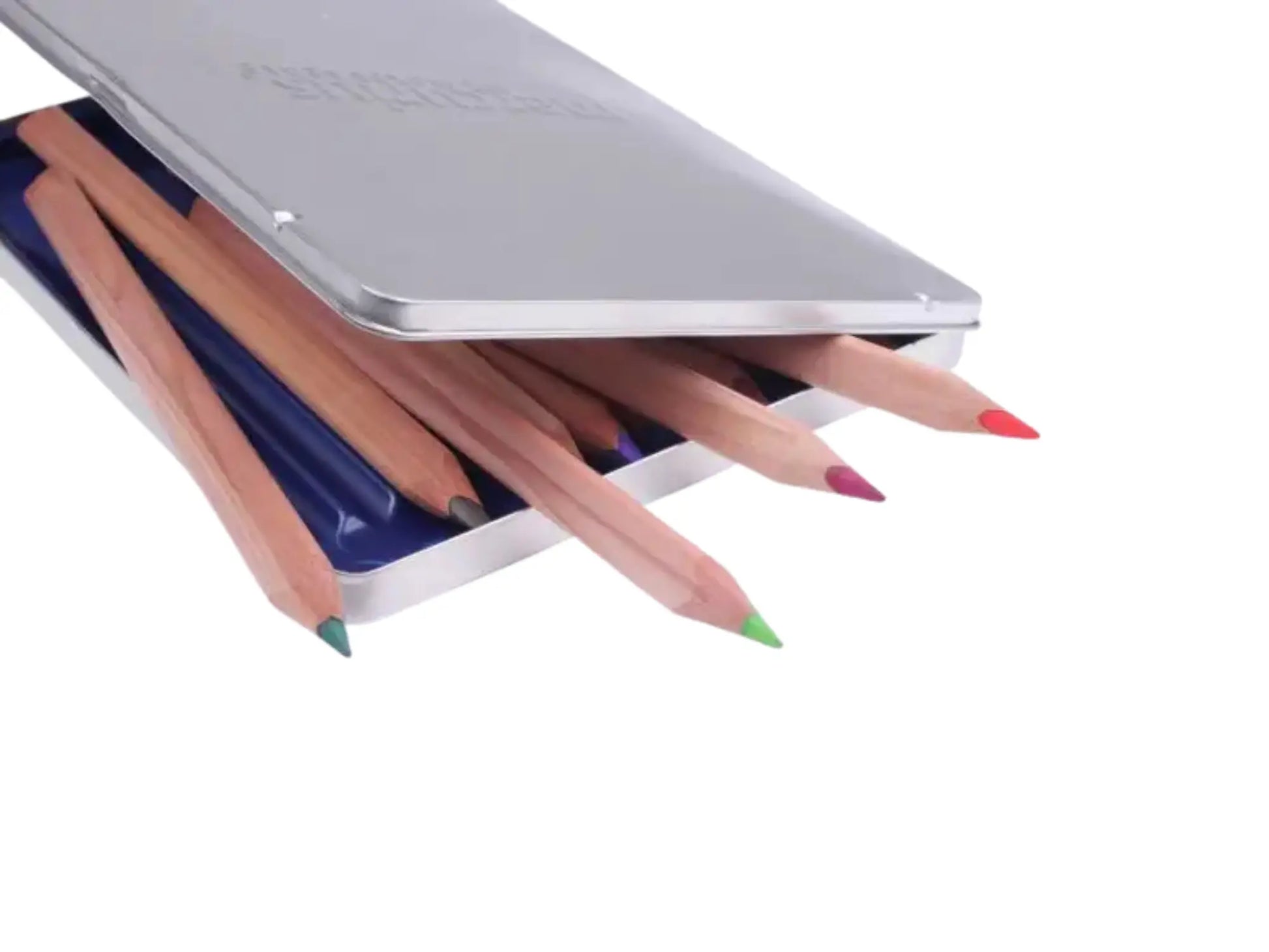 Set of Yorik art makes sense colored pencils in a metal case on a white background