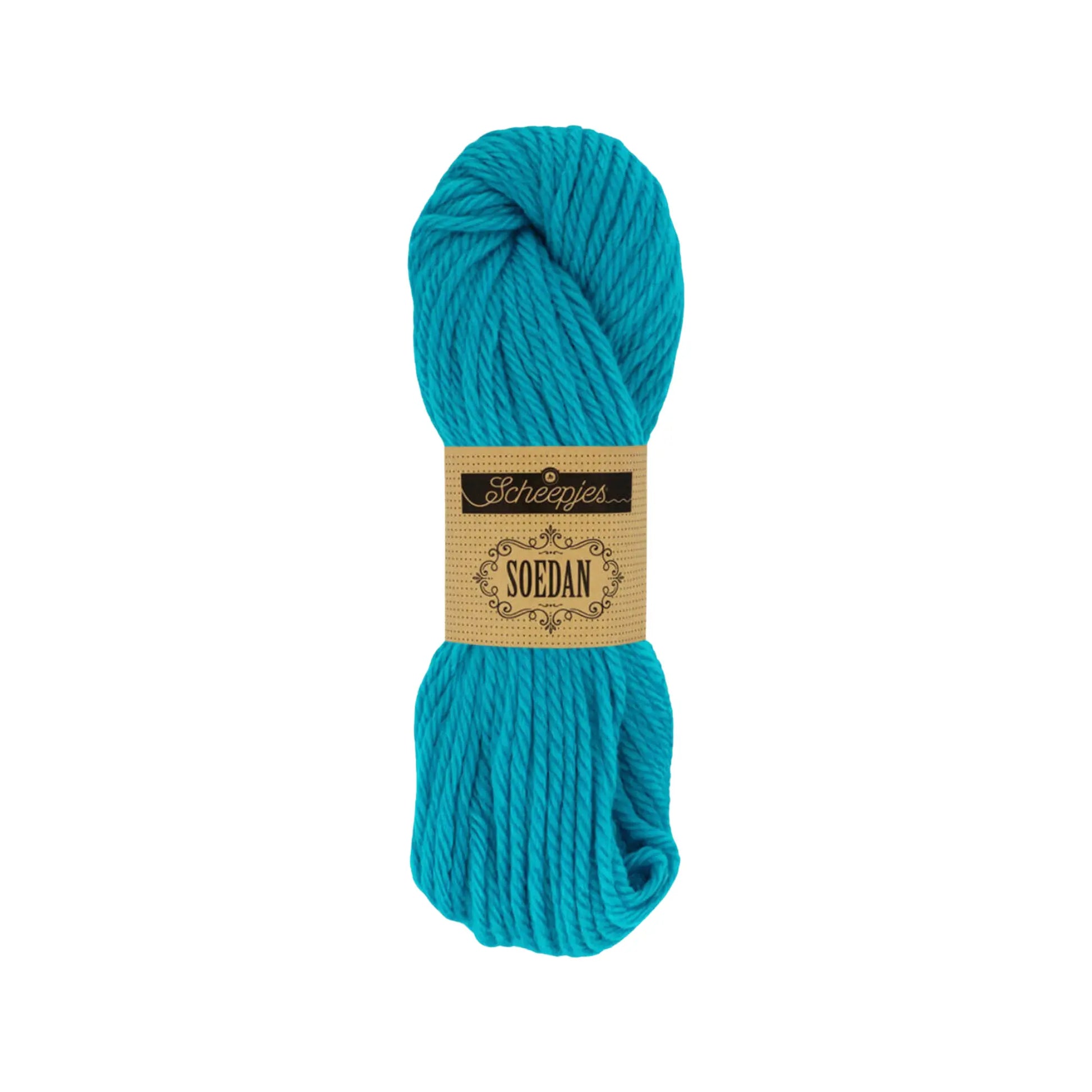 Turquoise Scheepjes Soedan wool yarn for knitting, crochet, felting, weaving, and natural crafts.