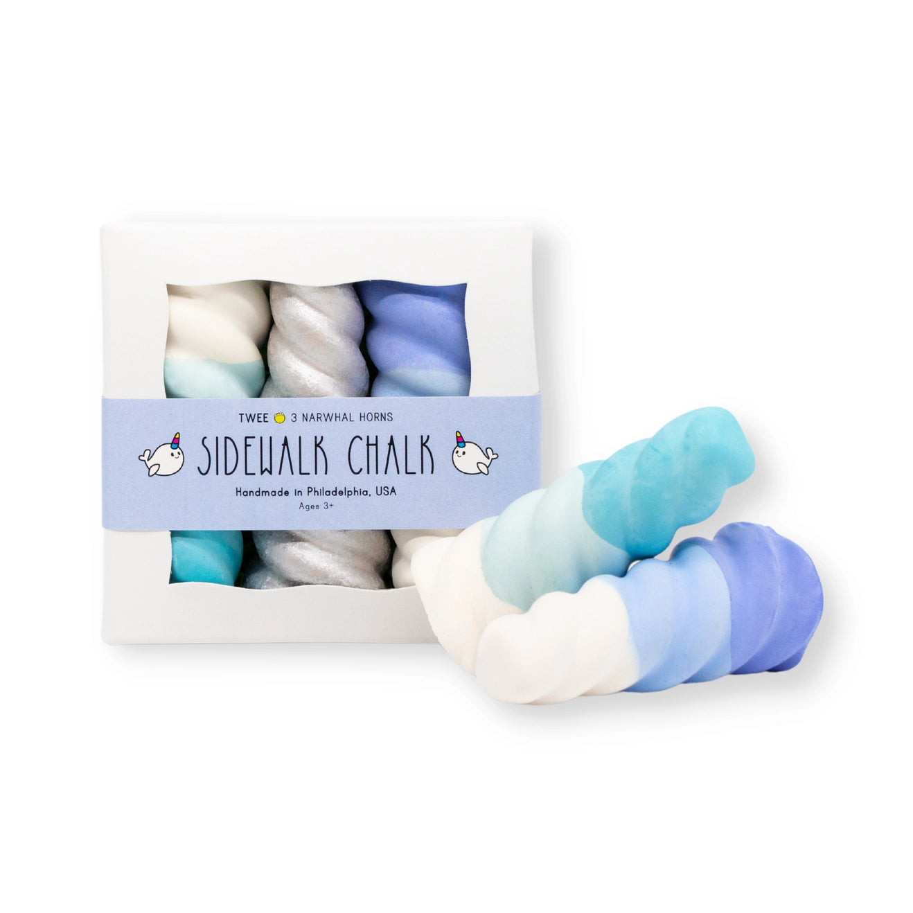 Set of colorful sidewalk chalk with a branded packaging on a white background