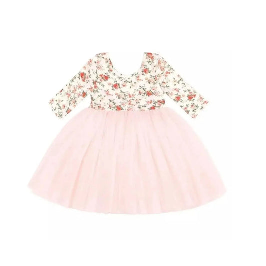 Pink Cotton & Tulle Party Dress for Toddlers – Long Sleeve Twirl Dress