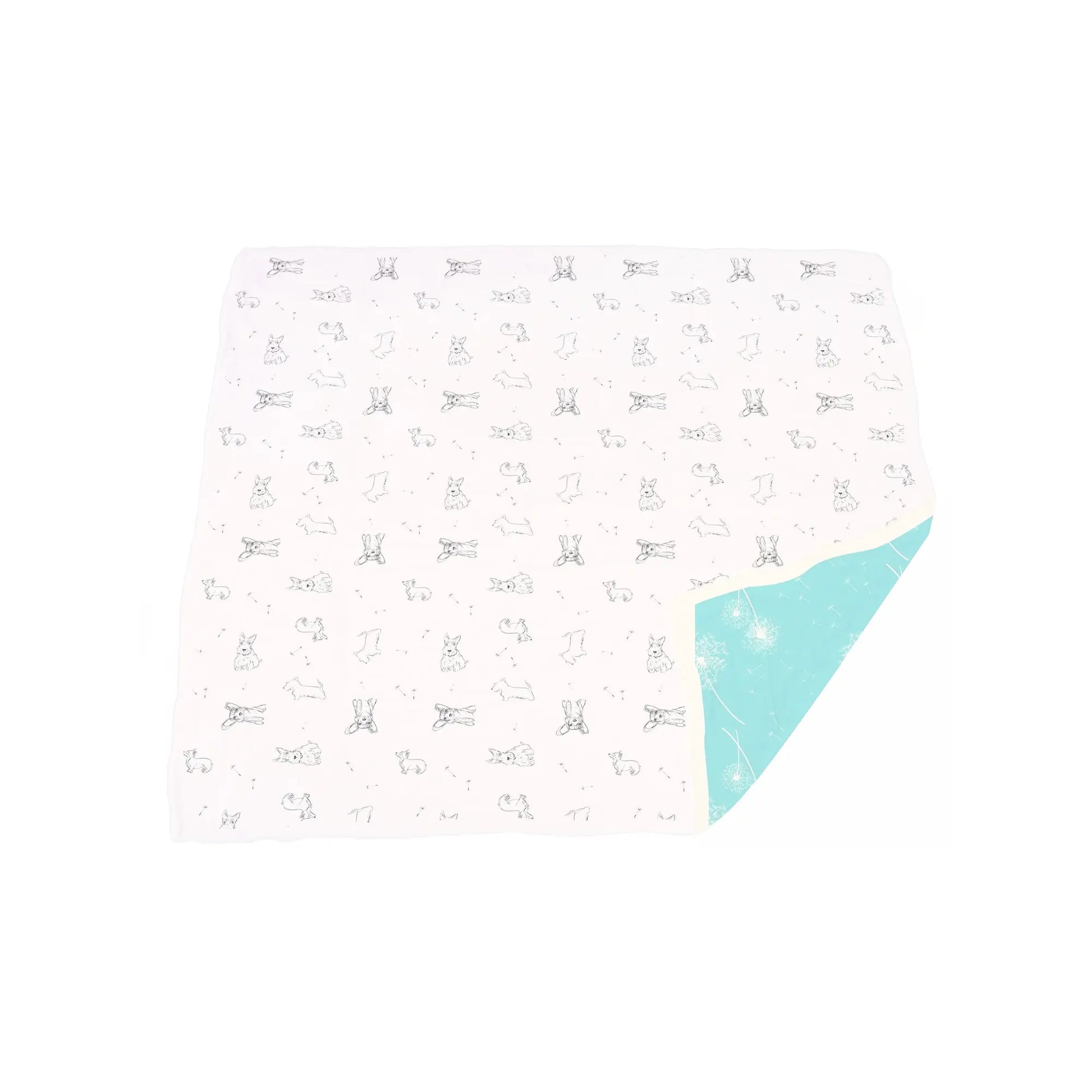 Aqua Dandelion & Puppy Bamboo Muslin Blanket Quilt | Alder & Alouette