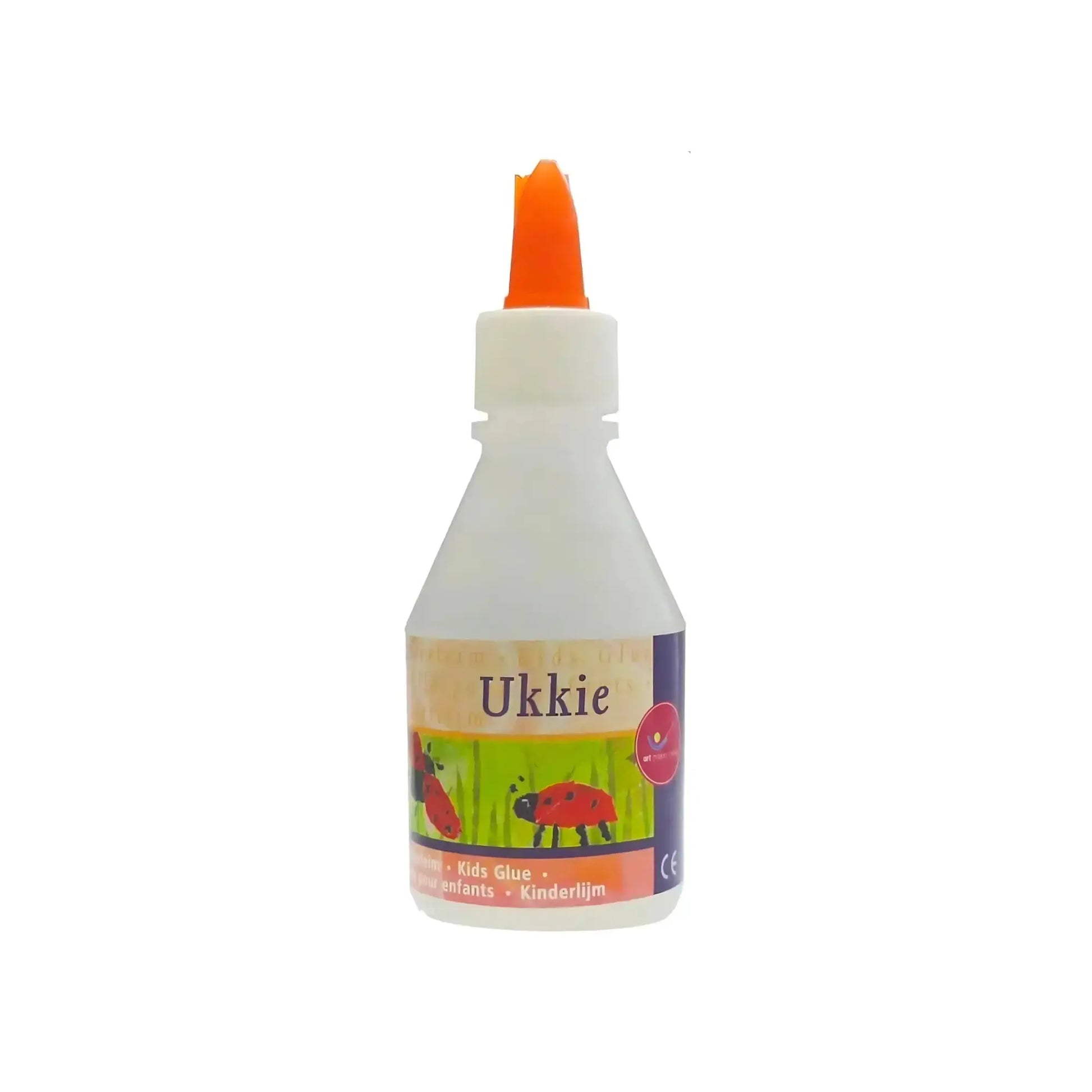 Single bottle of non-toxic kids glue Ukkie brand on white background