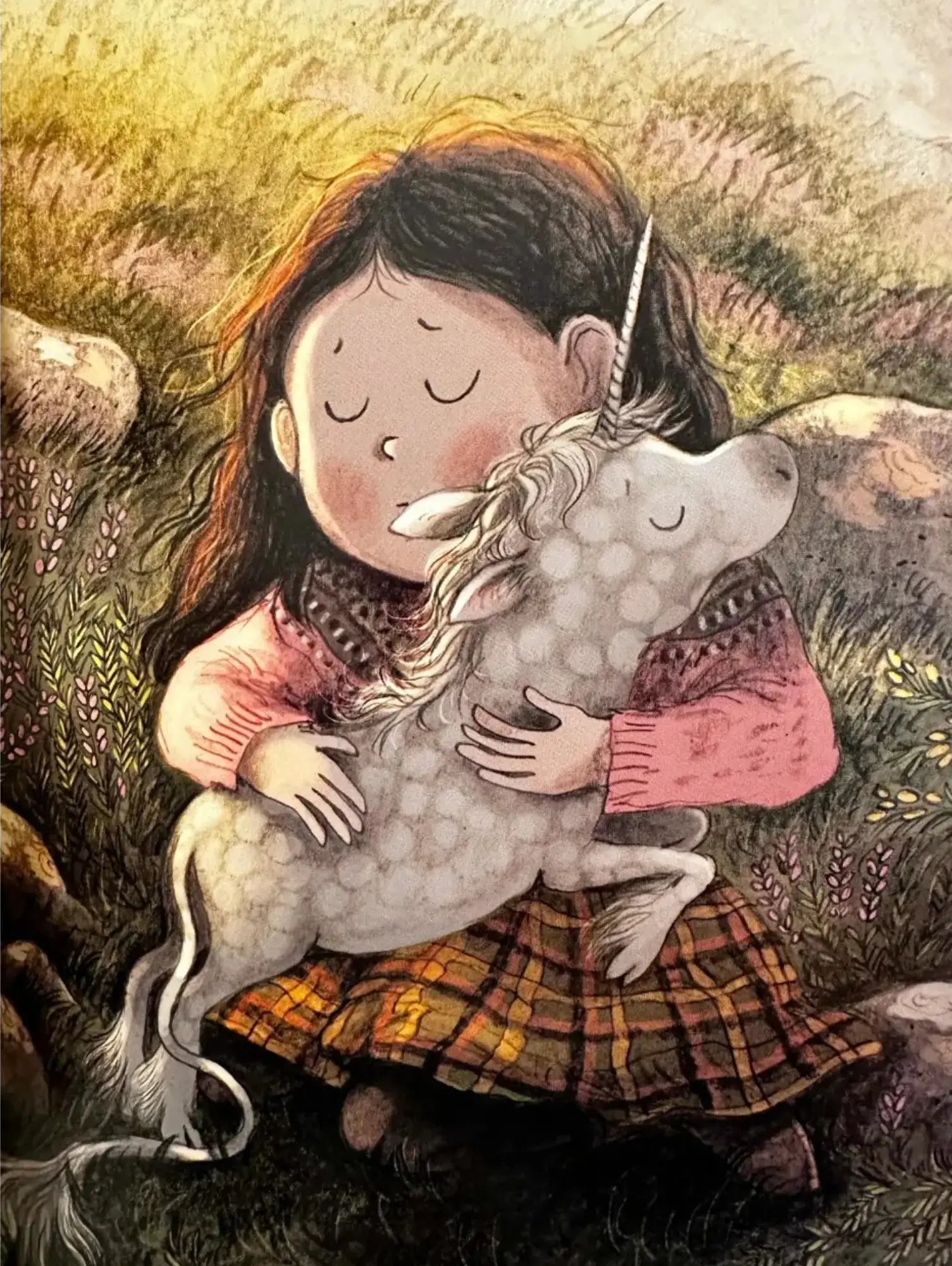 Illustration of a girl hugging a unicorn in a natural setting