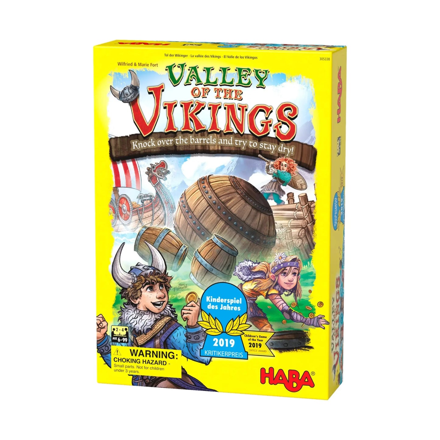 Valley of the Vikings Kids Boardgame by HABA box cover with illustrated Vikings and barrels