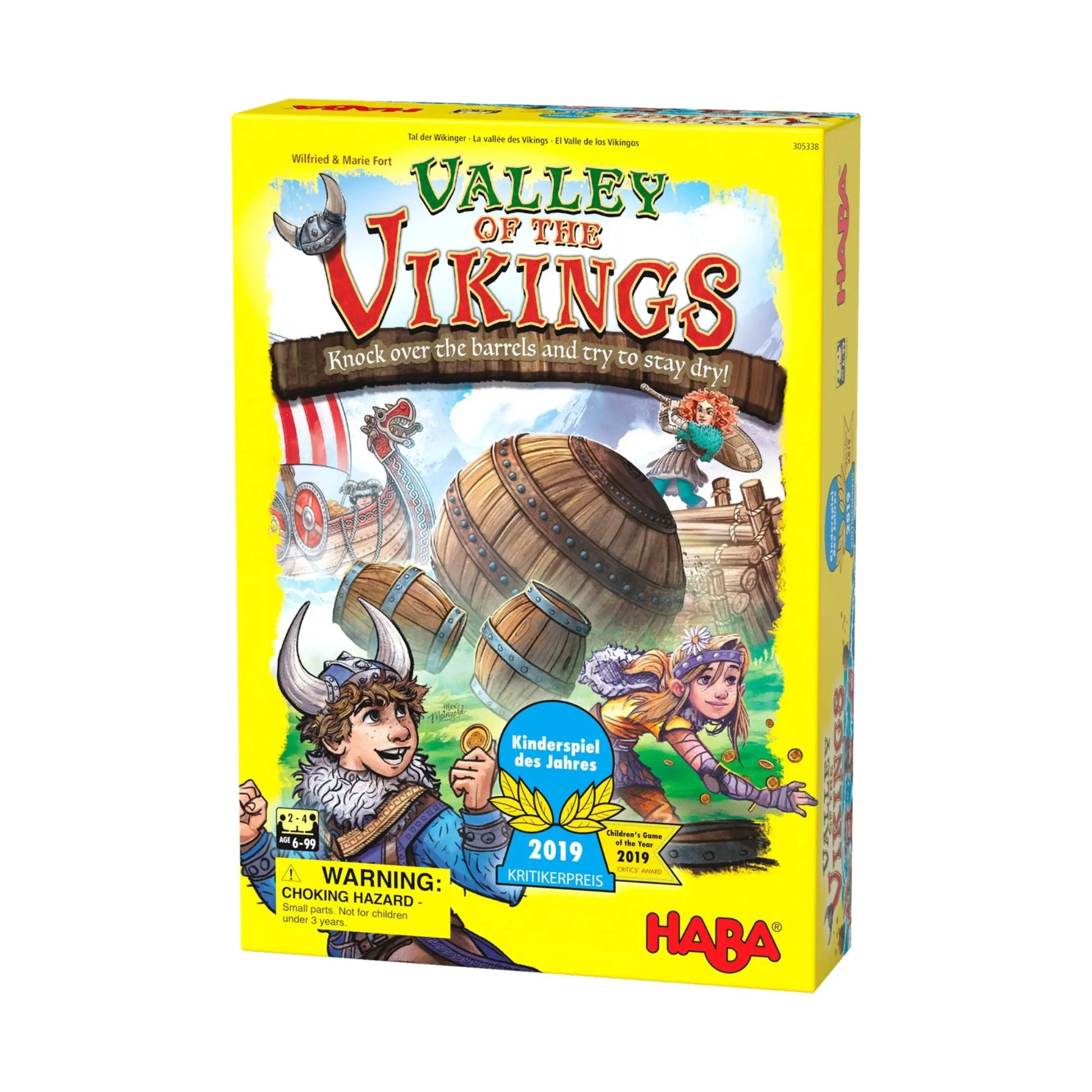 Valley of the Vikings Kids Boardgame by HABA box cover with illustrated Vikings and barrels