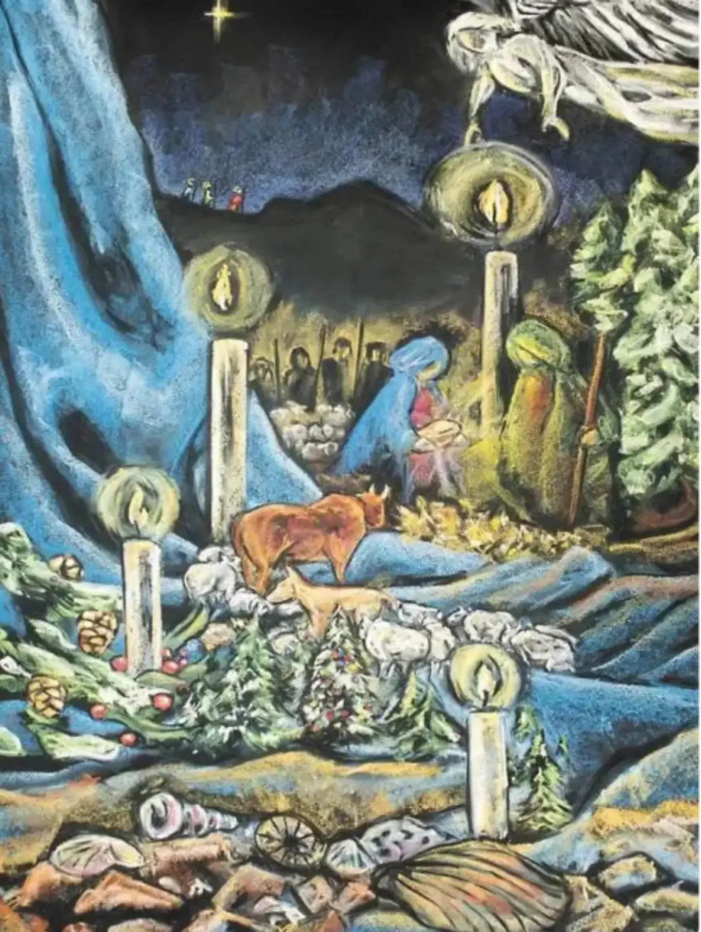 Nativity scene with Mary, Joseph, and baby Jesus, surrounded by candles and an angel.