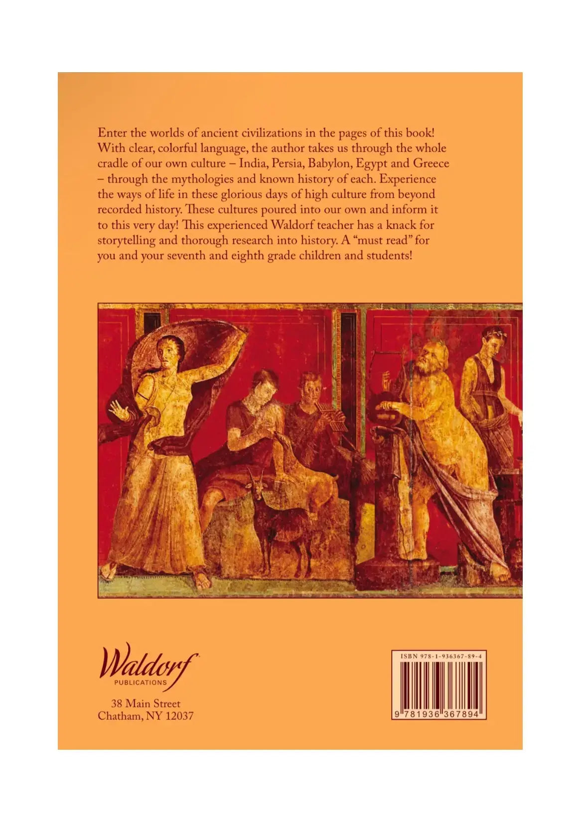 Back book cover with classical painting and text on an orange background