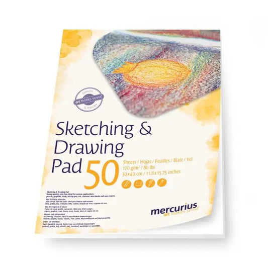 Sketching and drawing pad with colorful textured paper on a white background