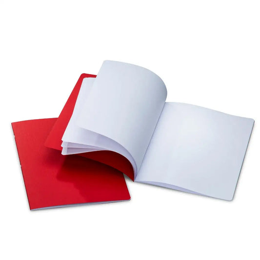 Red notebook with an open white page on a white background
