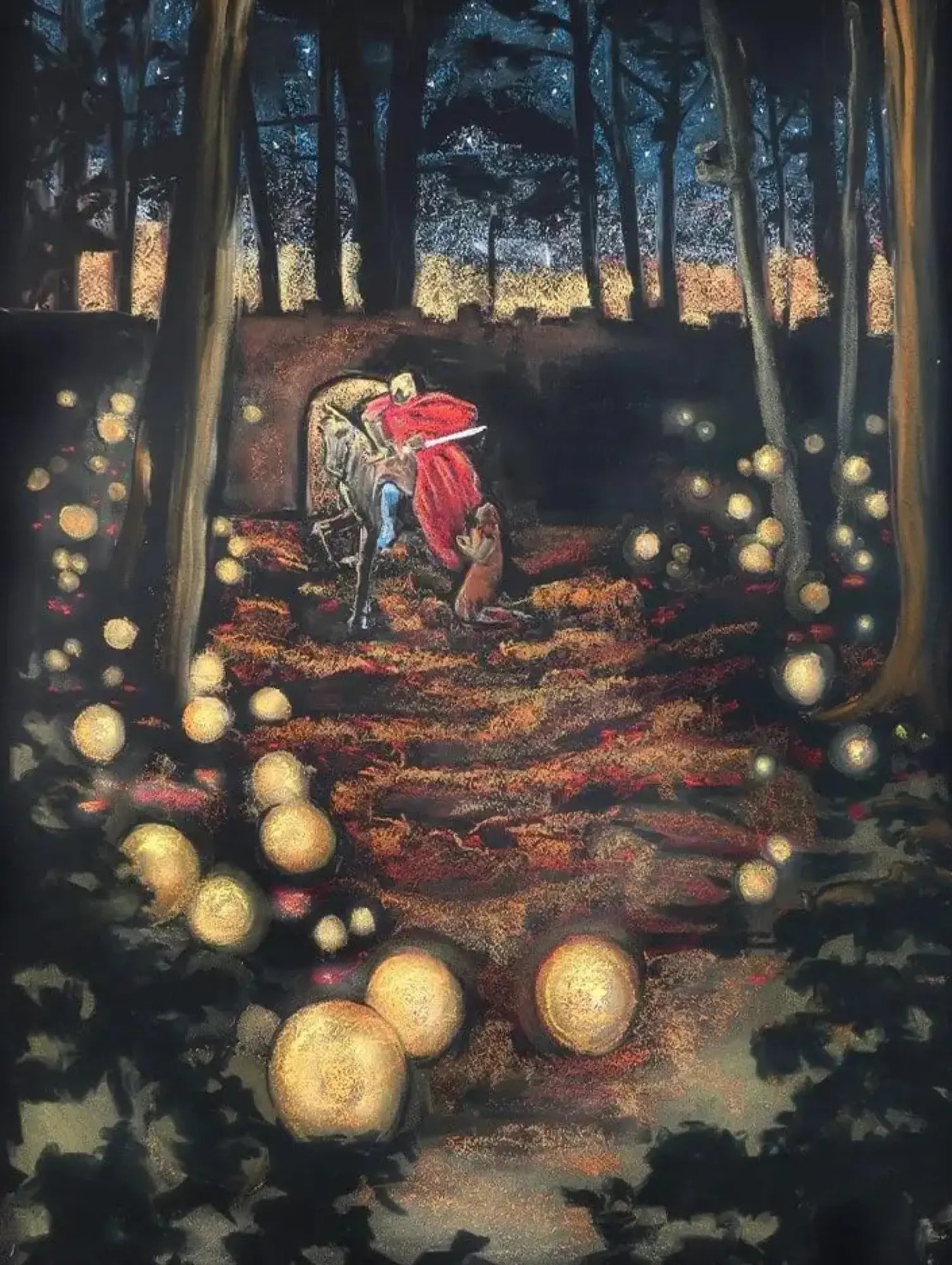 Waldorf Martinmas postcard of glowing lights, a beggar and Marin in his red cape outside a medieval city wall