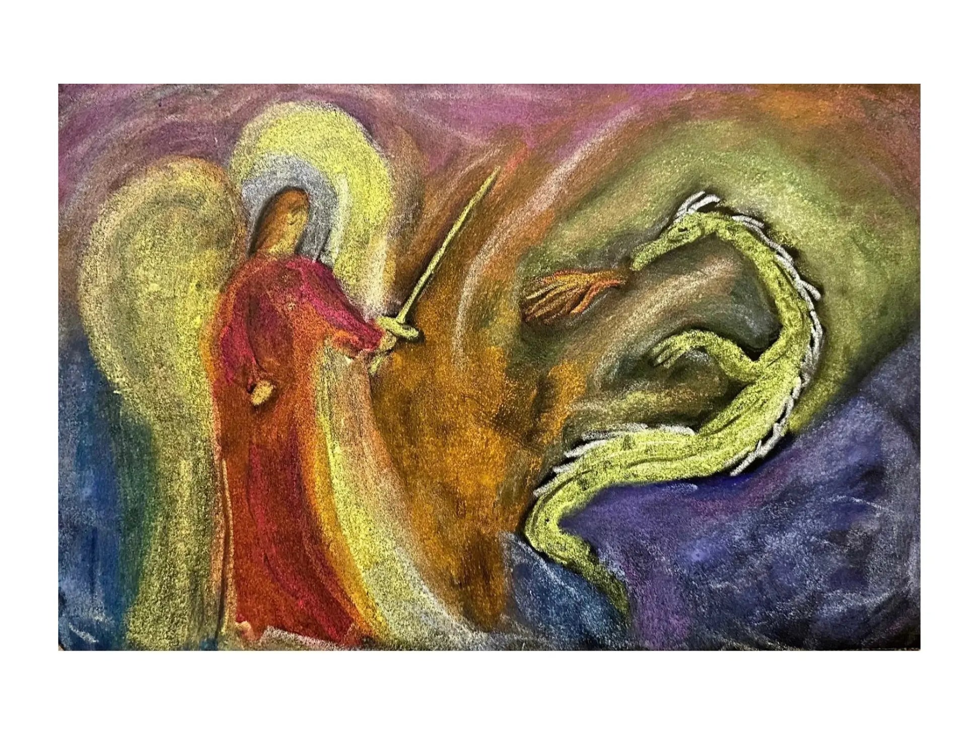 Painting of Saint MIchael with a sword facing a dragon, set against a colorful blackboard chalk drawing
