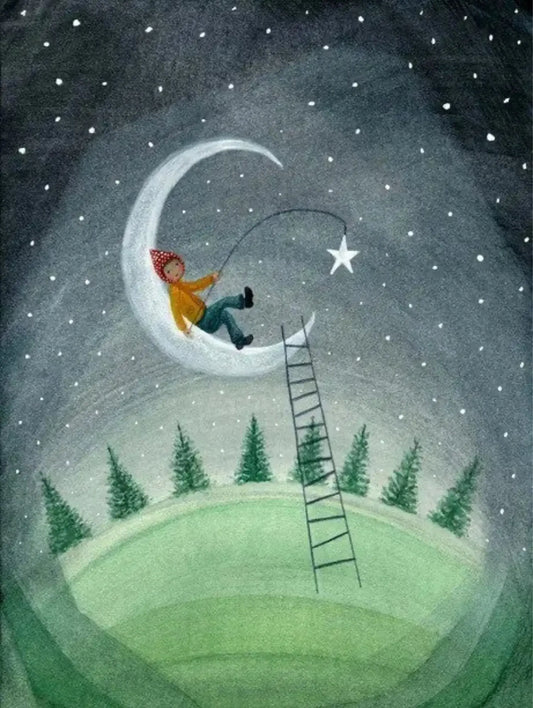 Illustration of a child on a crescent moon with a star, ladder, and trees in the background.