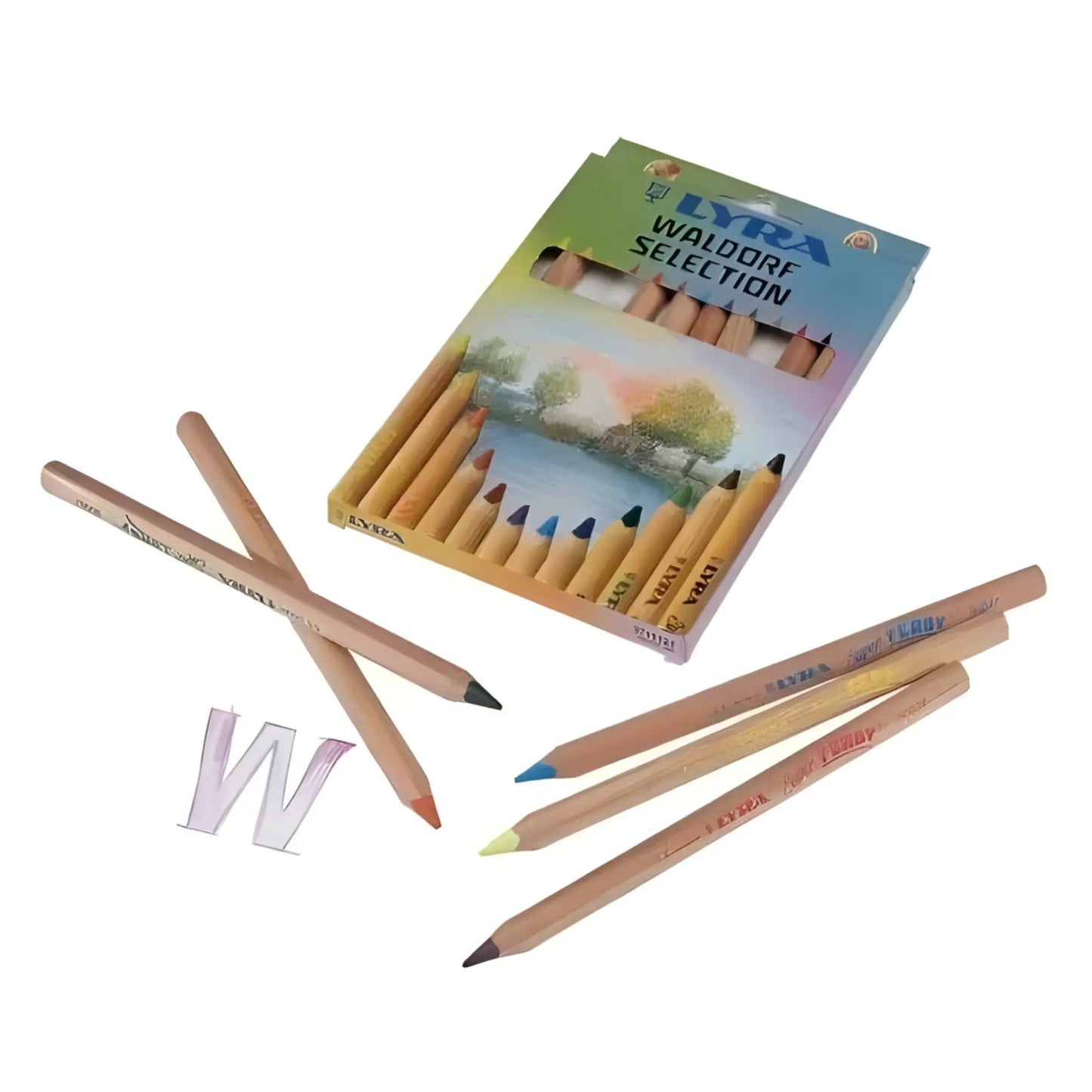 Set of colored pencils with a box labeled 'LYRA Waldorf Selection' on a white background