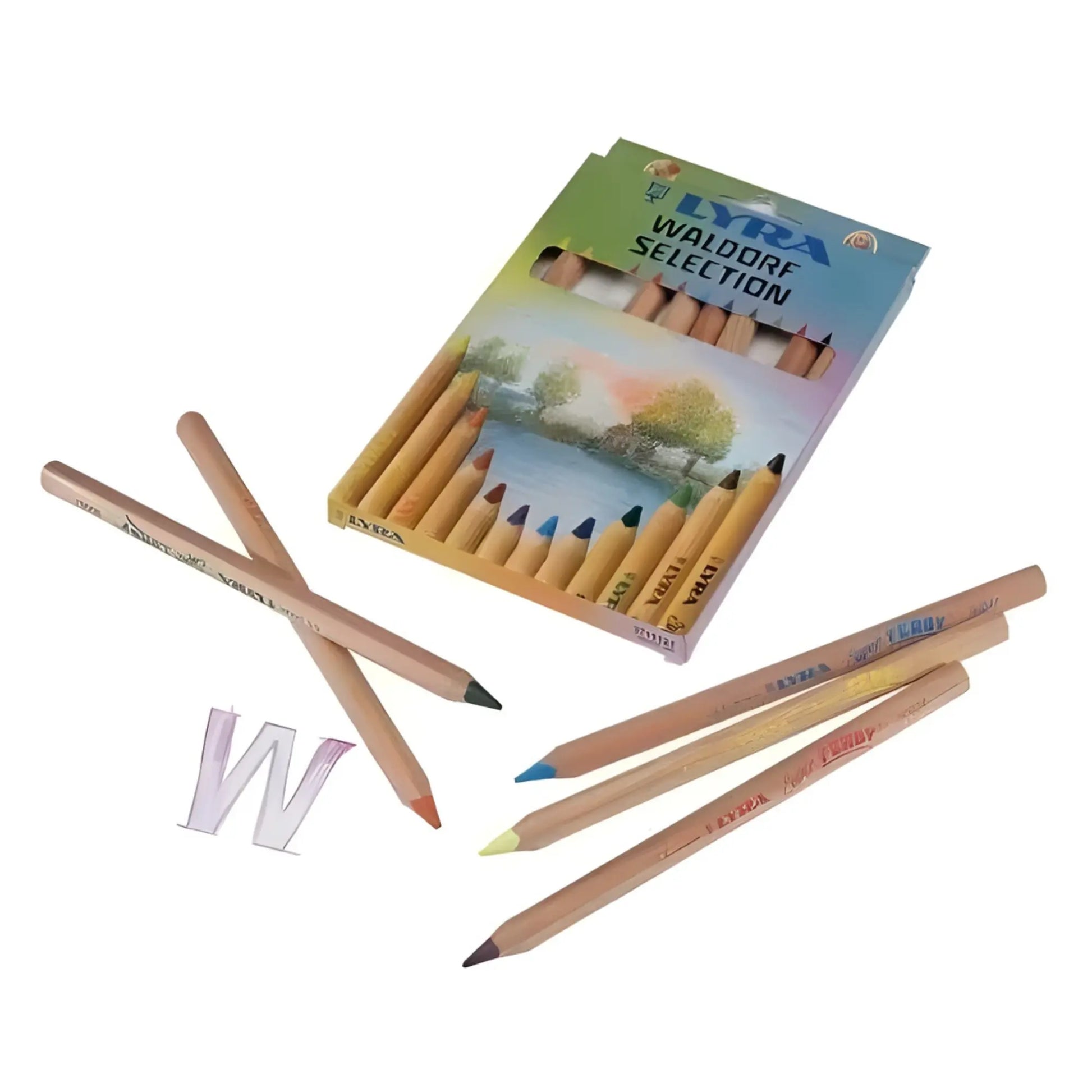 Set of colored pencils with a box labeled 'LYRA Waldorf Selection' on a white background