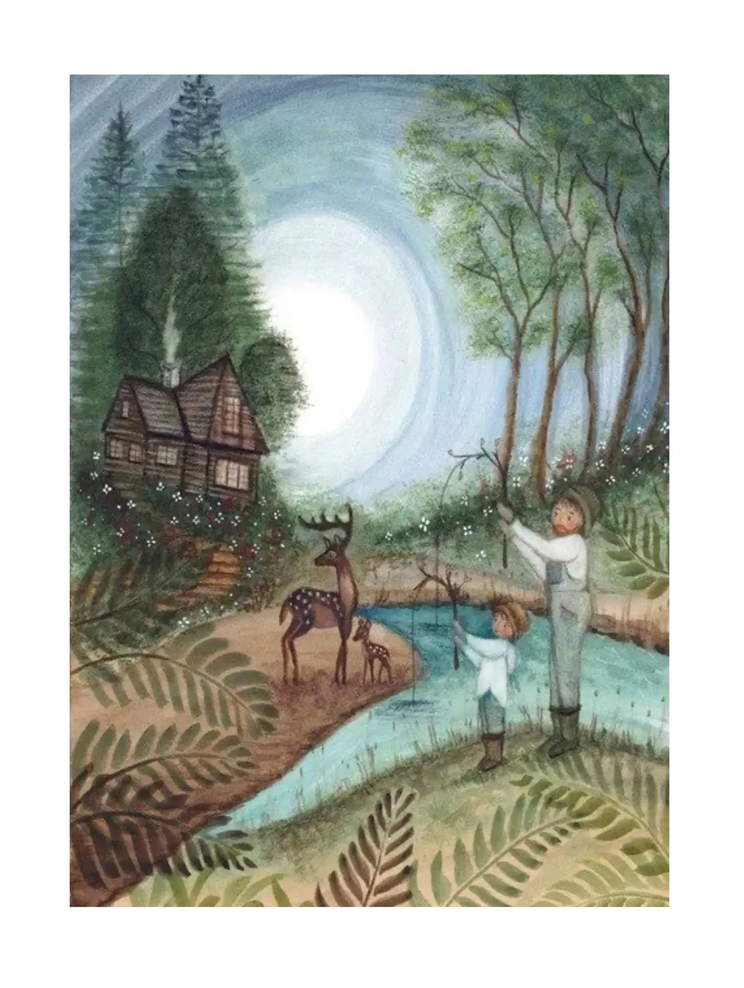 Illustration of a man and child fishing near a stream or pond with a deer, under a large moon, in a forest setting.