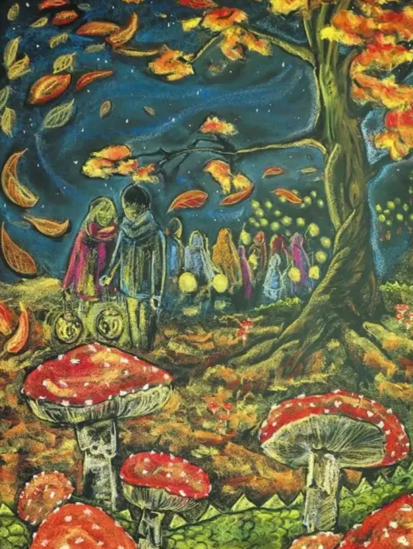 Martinmas Lantern Walk with children and autumn leaves and mushrooms