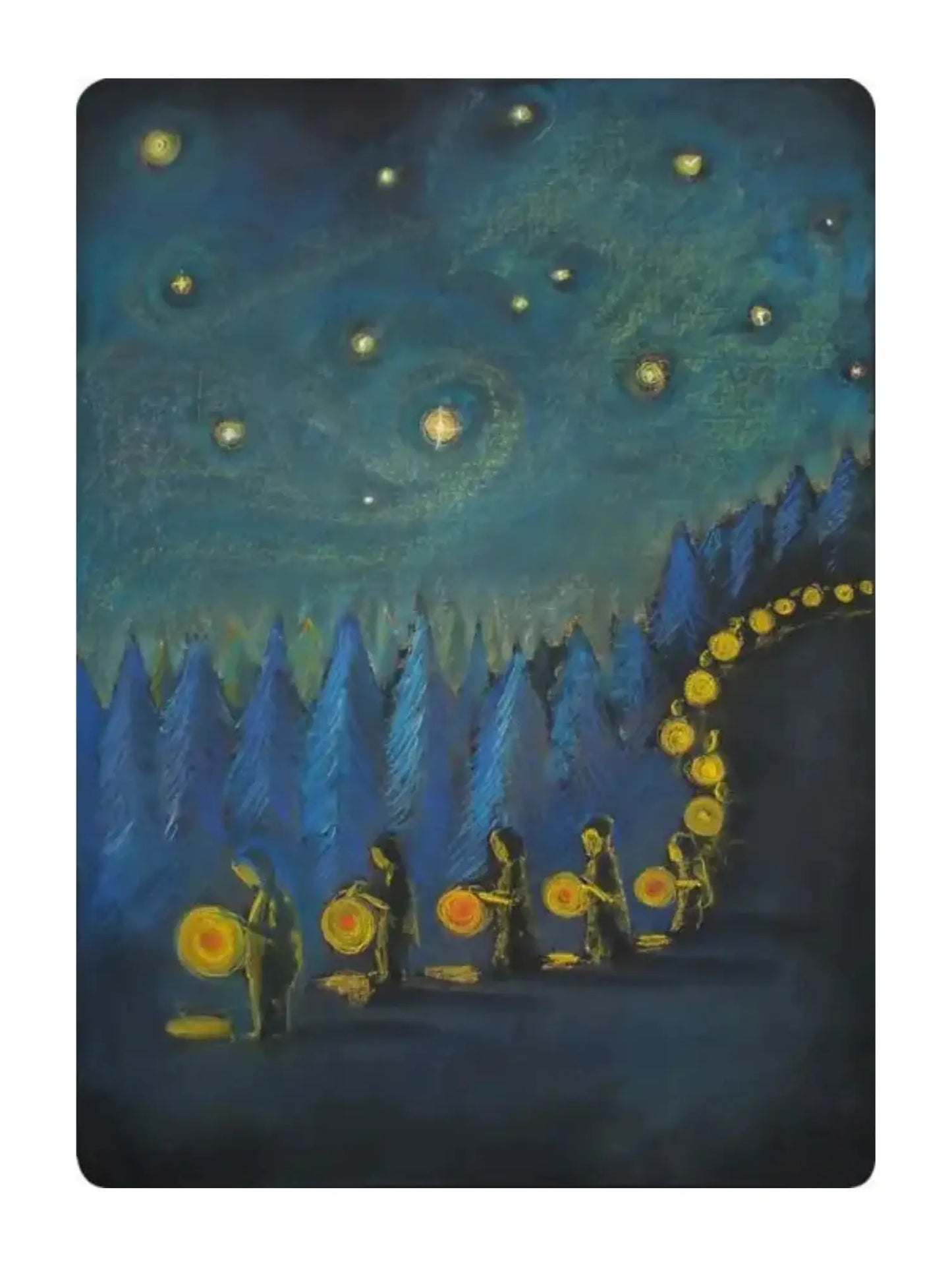 Illustration of people walking through a forest under a starry sky for Martinmas.