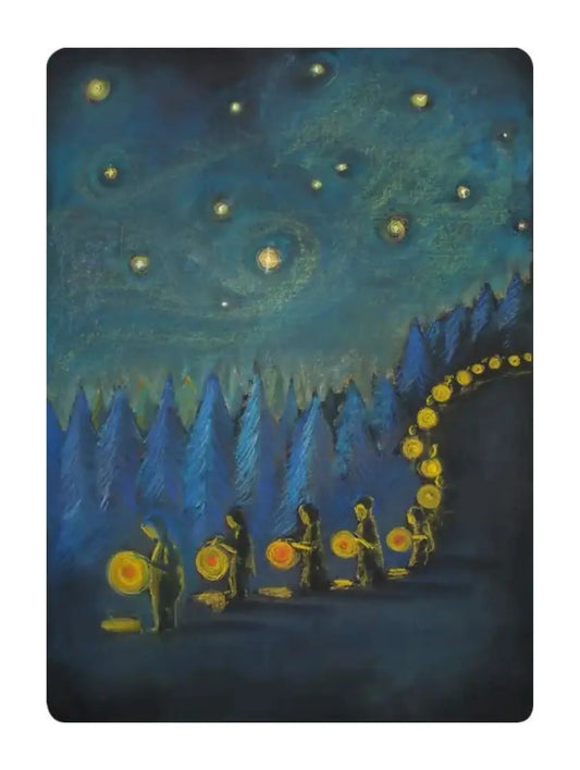 Illustration of people walking through a forest under a starry sky for Martinmas.