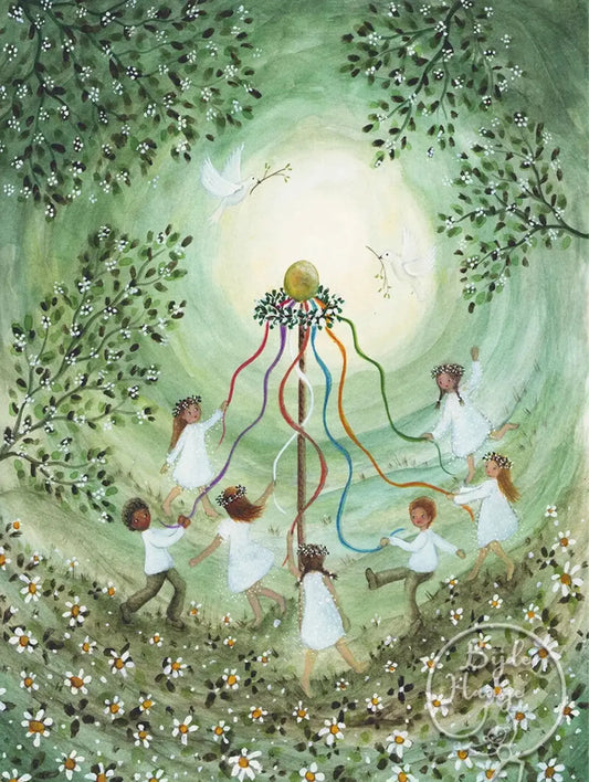 Illustration of children around a maypole with ribbons in a garden setting