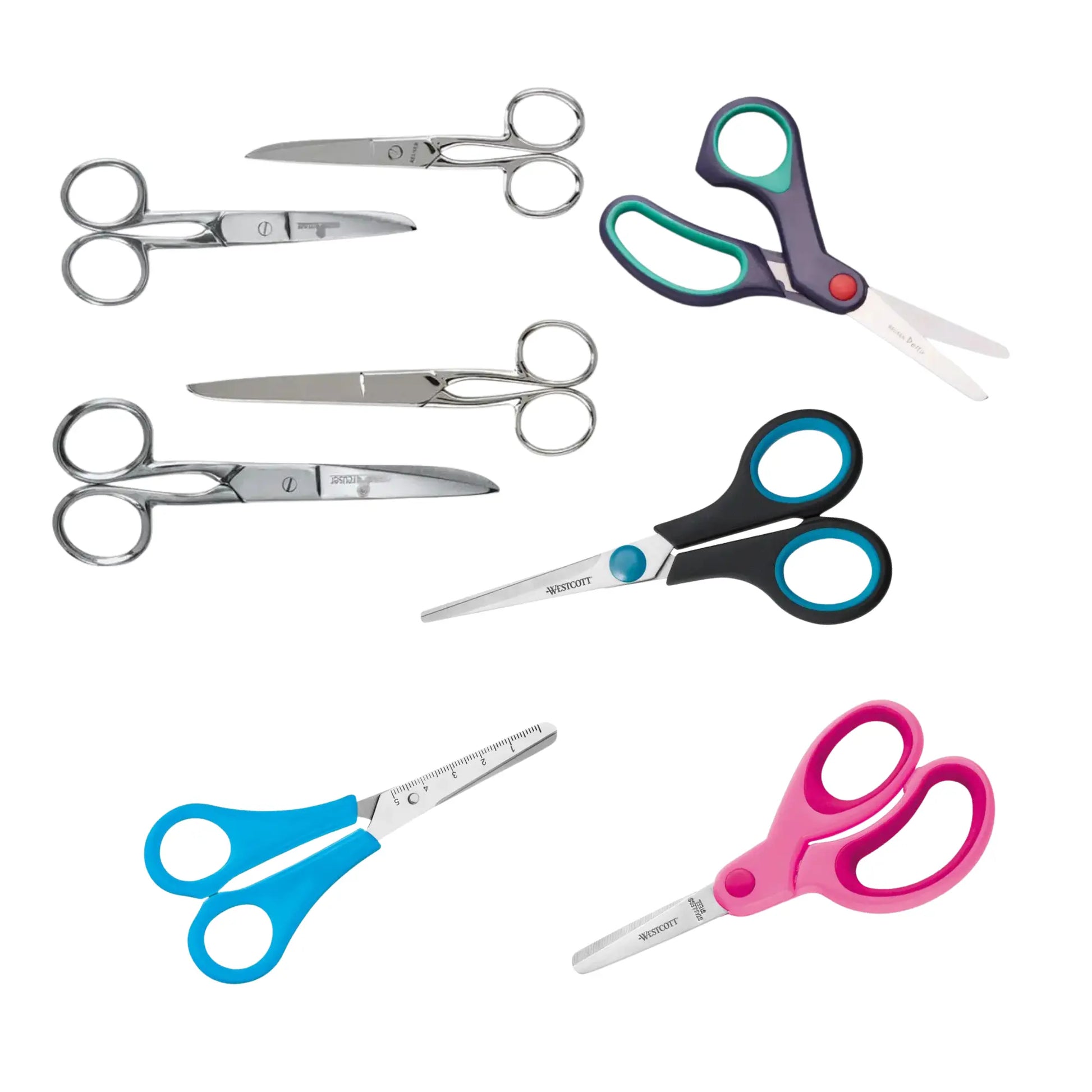 Collection of various pairs of scissors with different handles on a white background