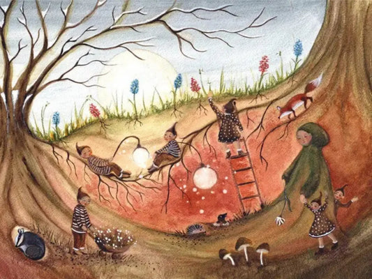 Waldorf illustration of root children, Mother Earth, and woodland animals tending to the new spring flower roots underground