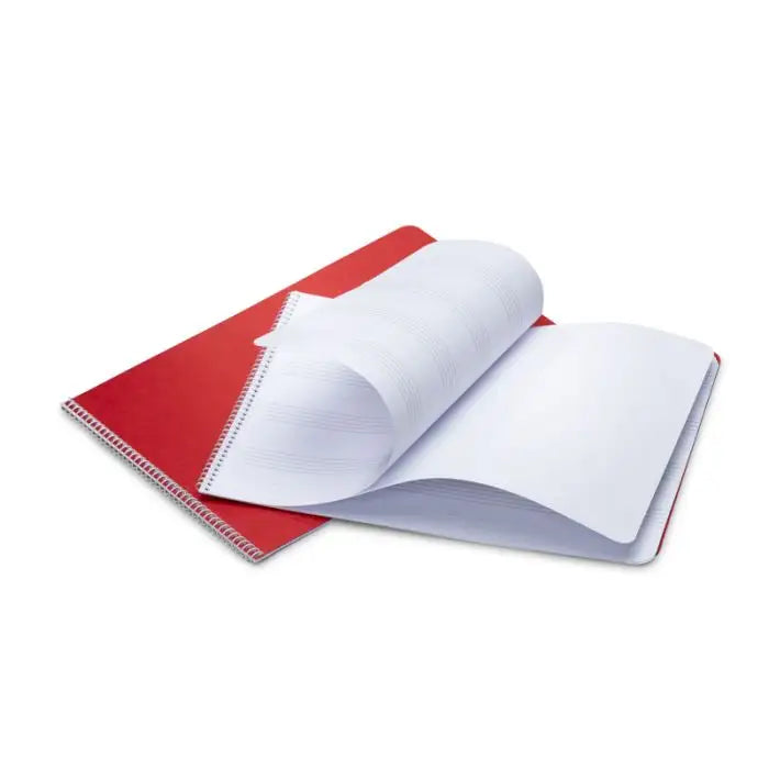 Open notebook with red cover on a white background
