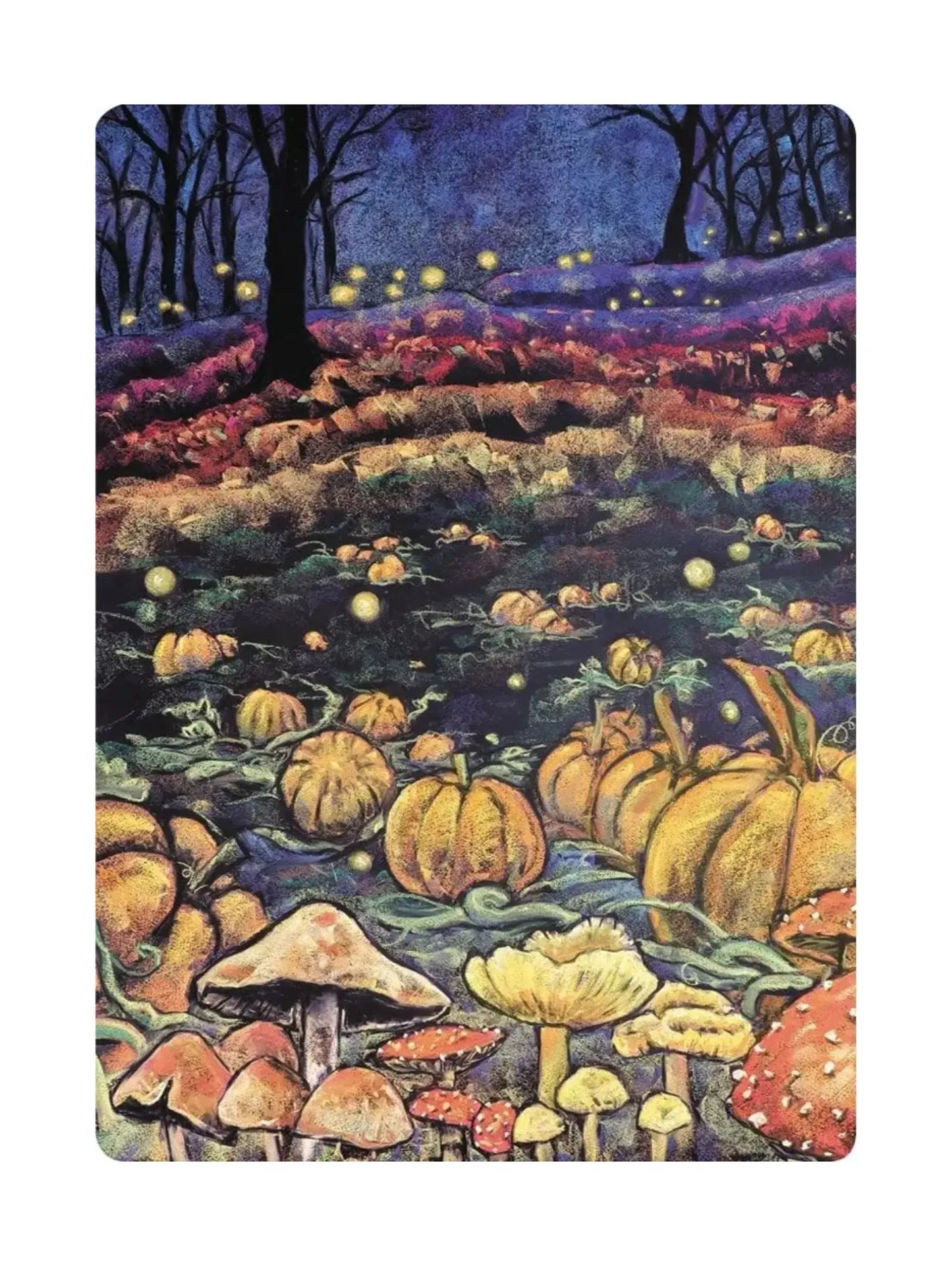 Chalkart postcard of pumpkins and mushrooms in a forest setting with a starry night sky.