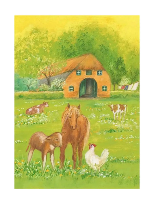 Illustration of a horse, foal, and chicken in a pastoral setting with a thatched cottage.