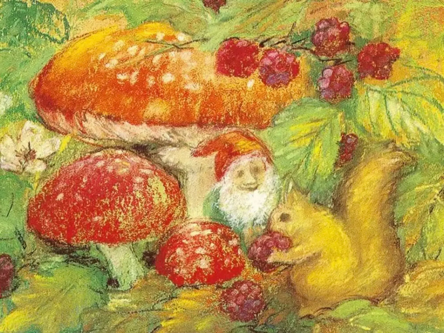 Illustration of a gnome and squirrel with mushrooms and berries in a forest setting