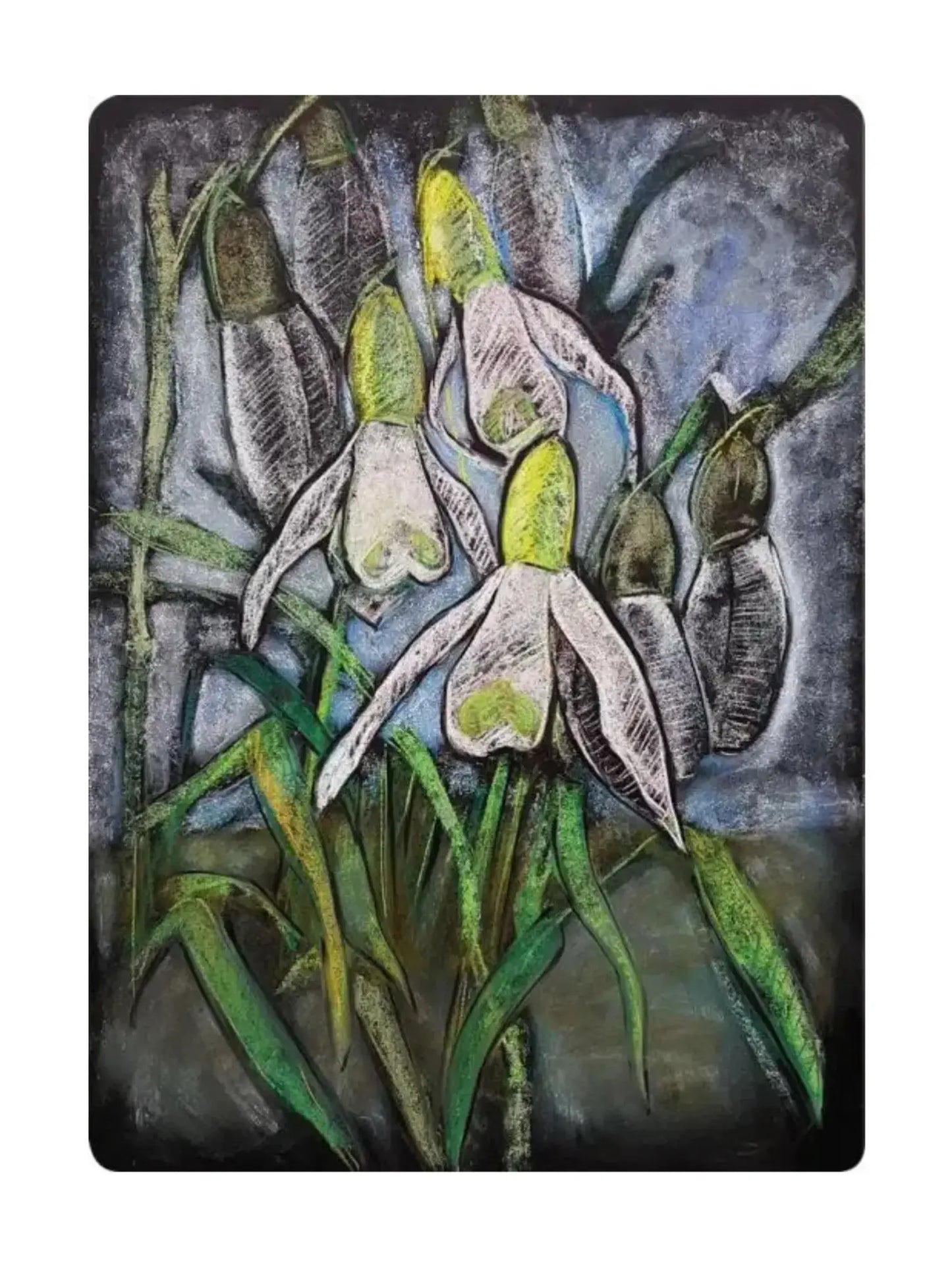 Artistic depiction of snowdrop flowers with a stylized background
