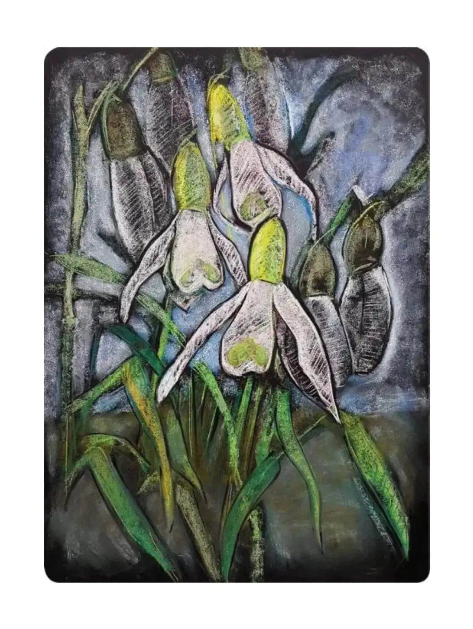 Artistic depiction of snowdrop flowers with a stylized background