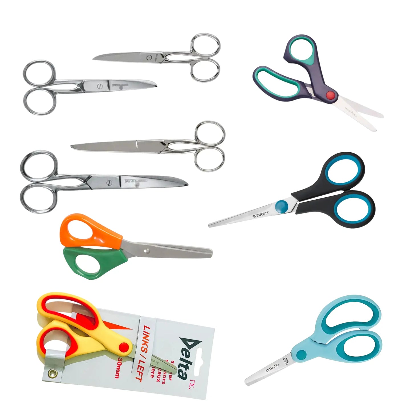 Collection of various pairs of scissors with different handles on a white background