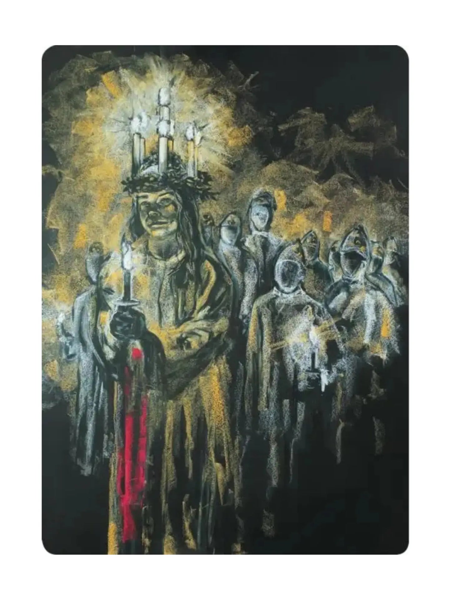 Artistic depiction of a Saint Lucy figure with a crown of evergreens and candles, surrounded by family and community in a dark setting