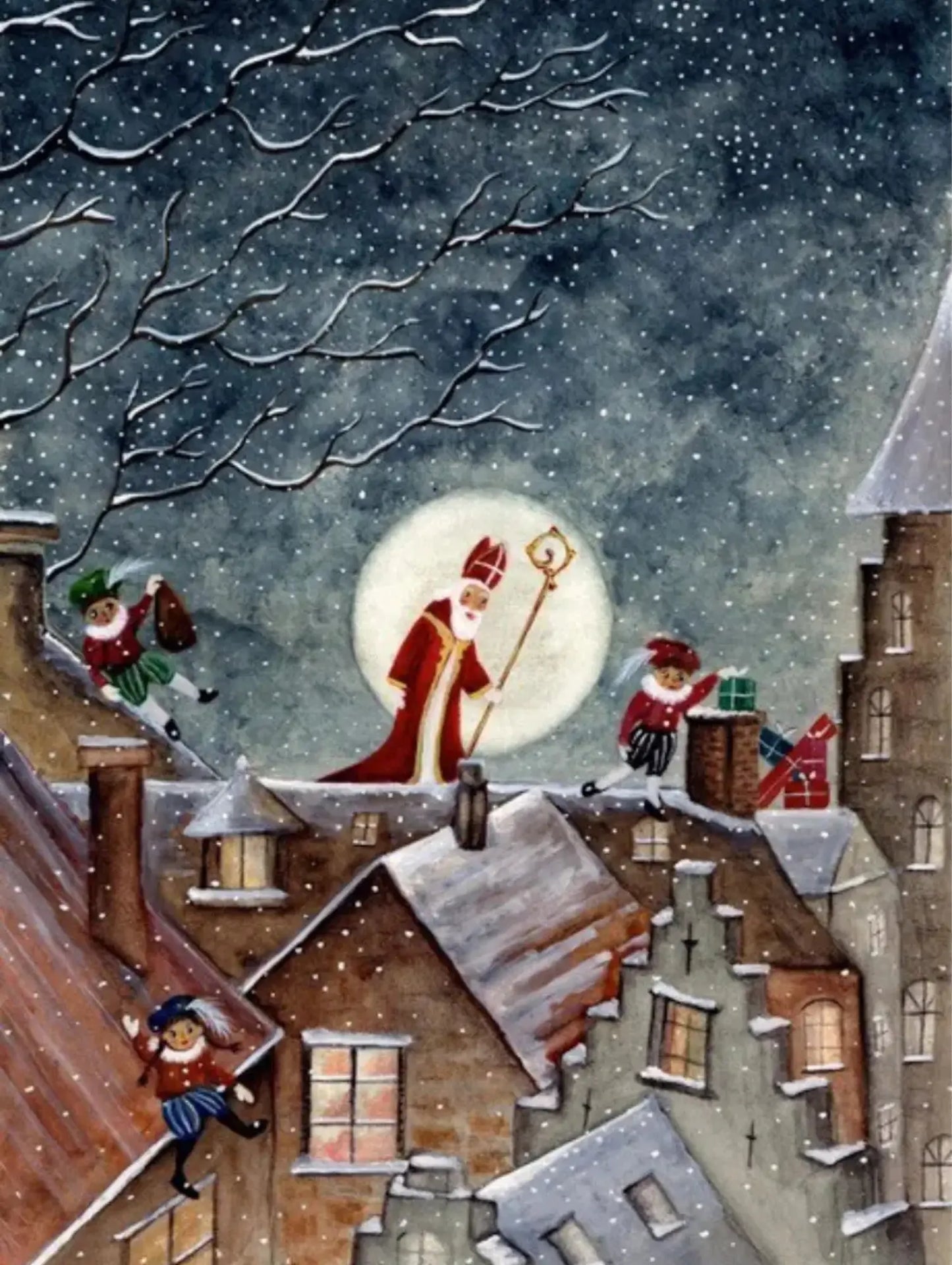 Illustration of Santa Claus on a rooftop with children in a snowy village scene.