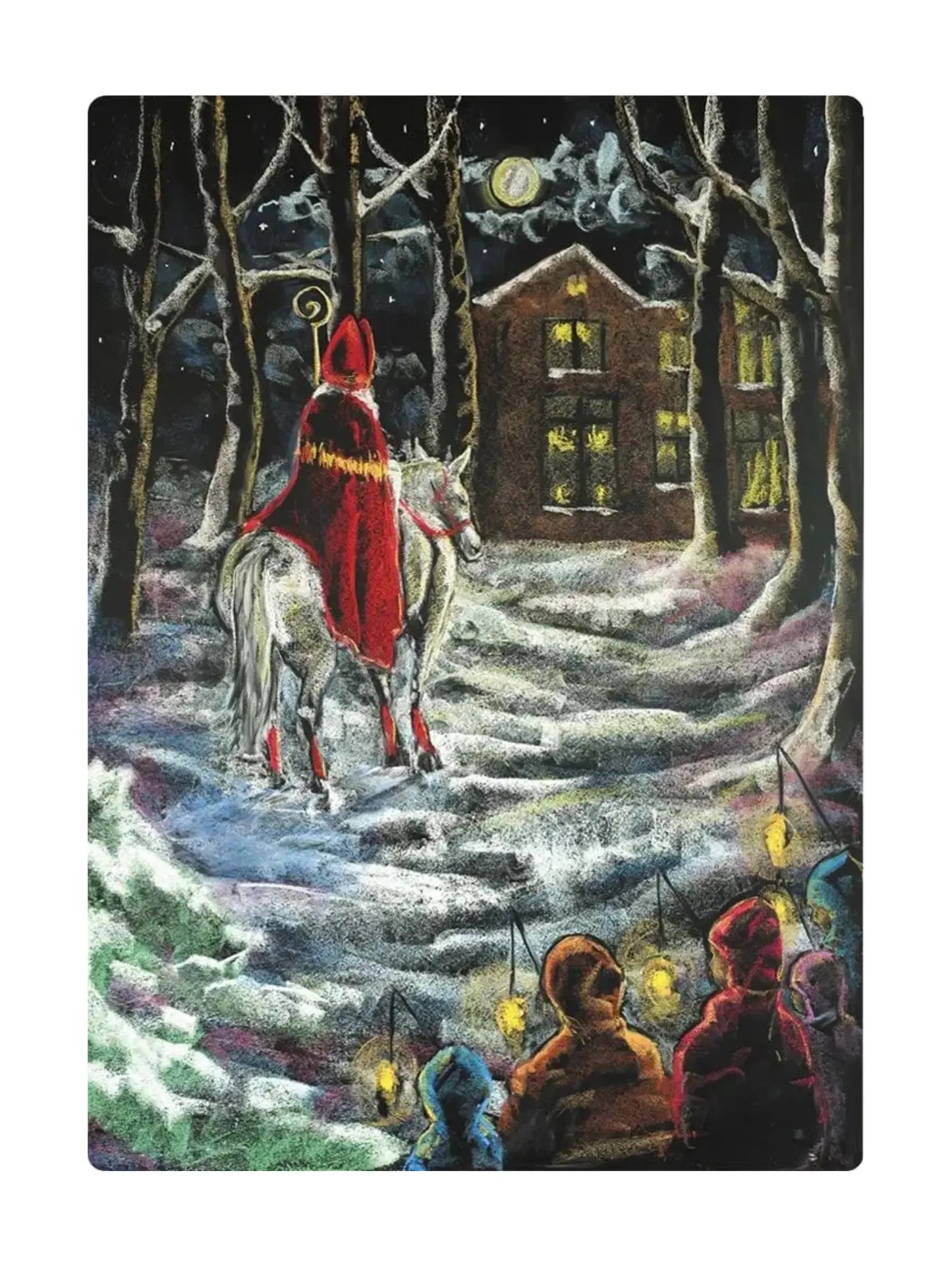Painting of a St Nicholas  in a red hooded cloak riding a white horse through a snowy landscape with a house in the background.