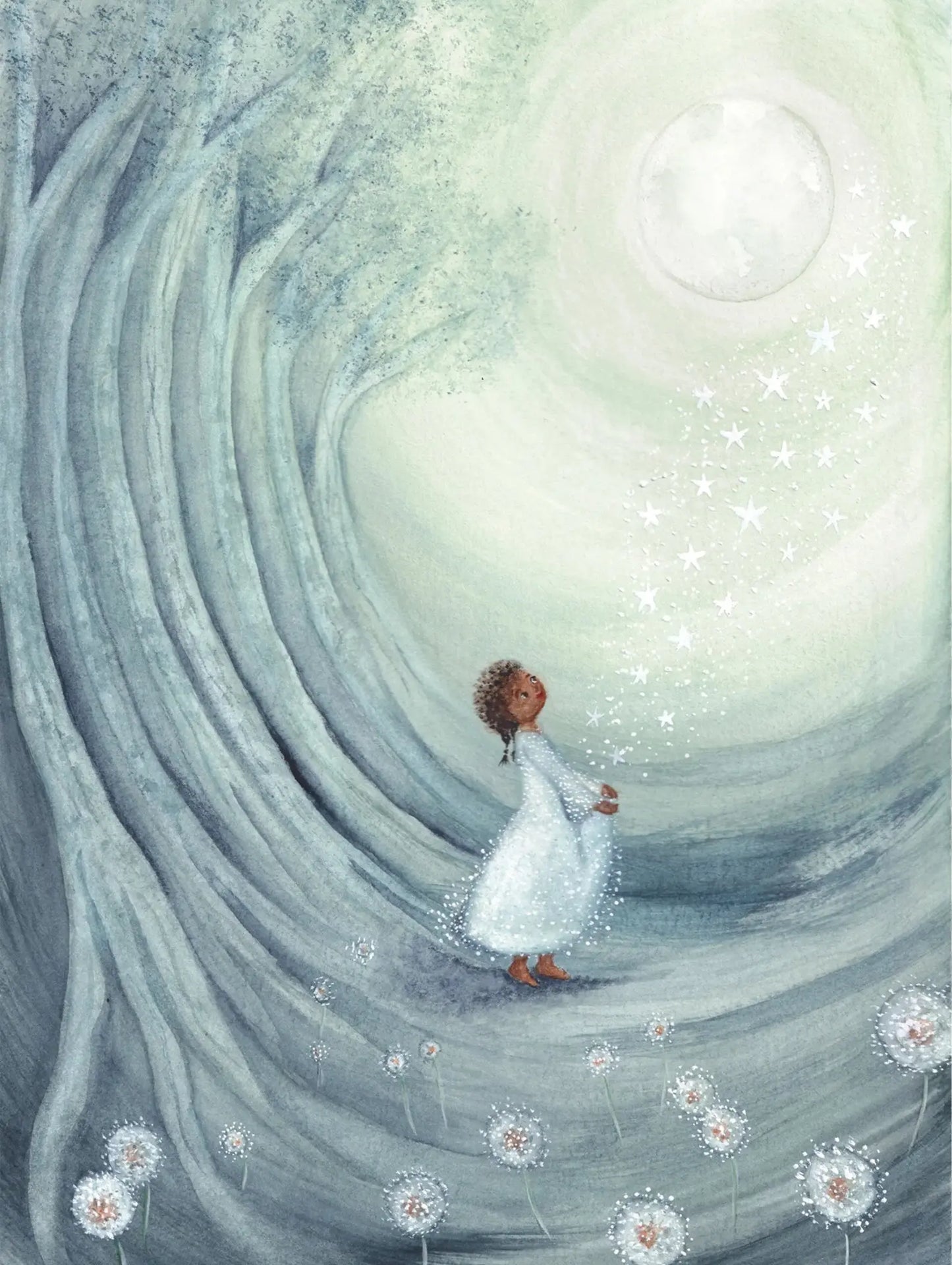 Illustration of a child in a white dress standing in a swirling tunnel with stars and a bright light at the end.