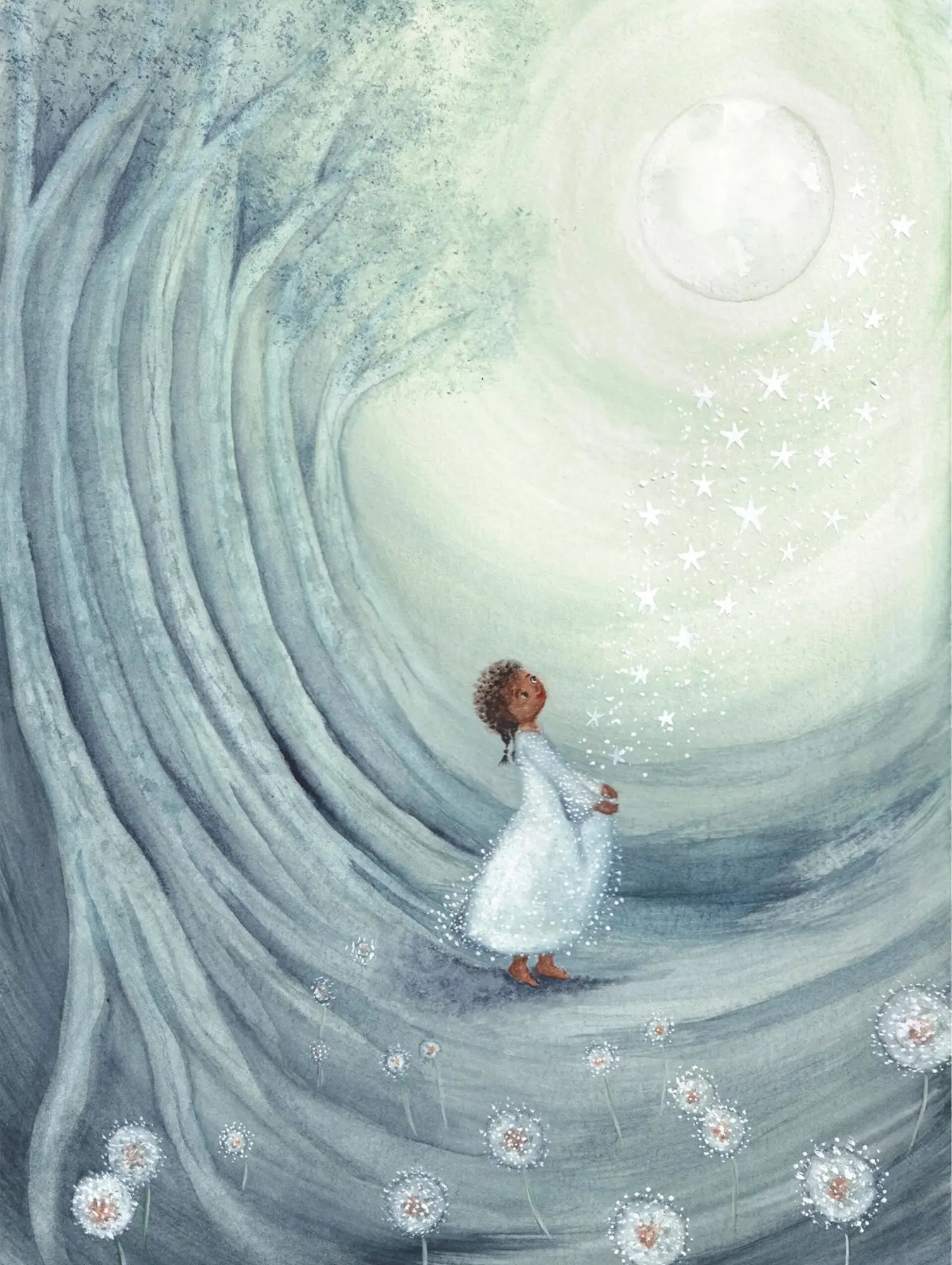 Illustration of a child in a white dress standing in a swirling tunnel with stars and a bright light at the end.
