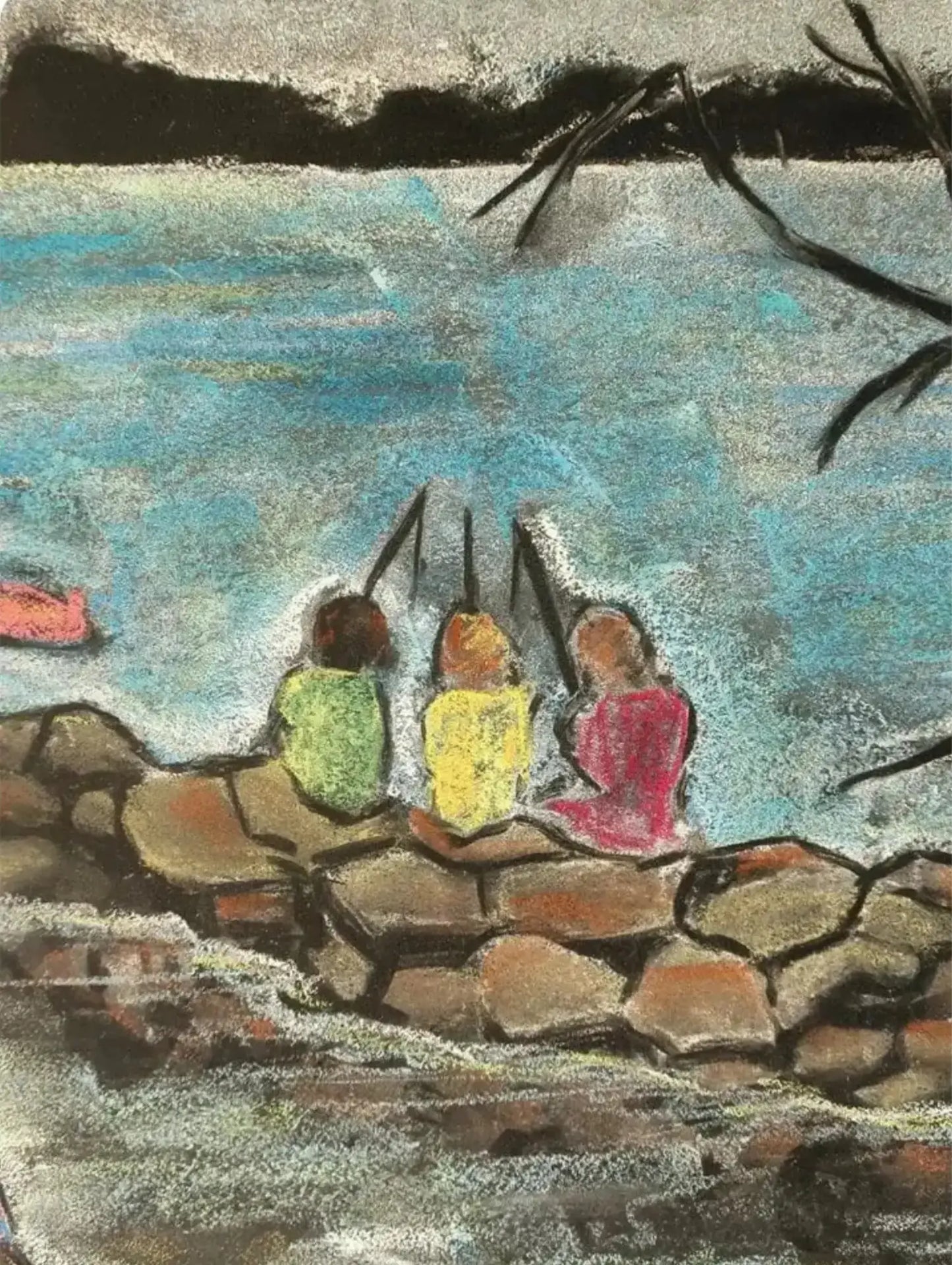 Pastel drawing of three children sitting on a stone wall by a body of water.