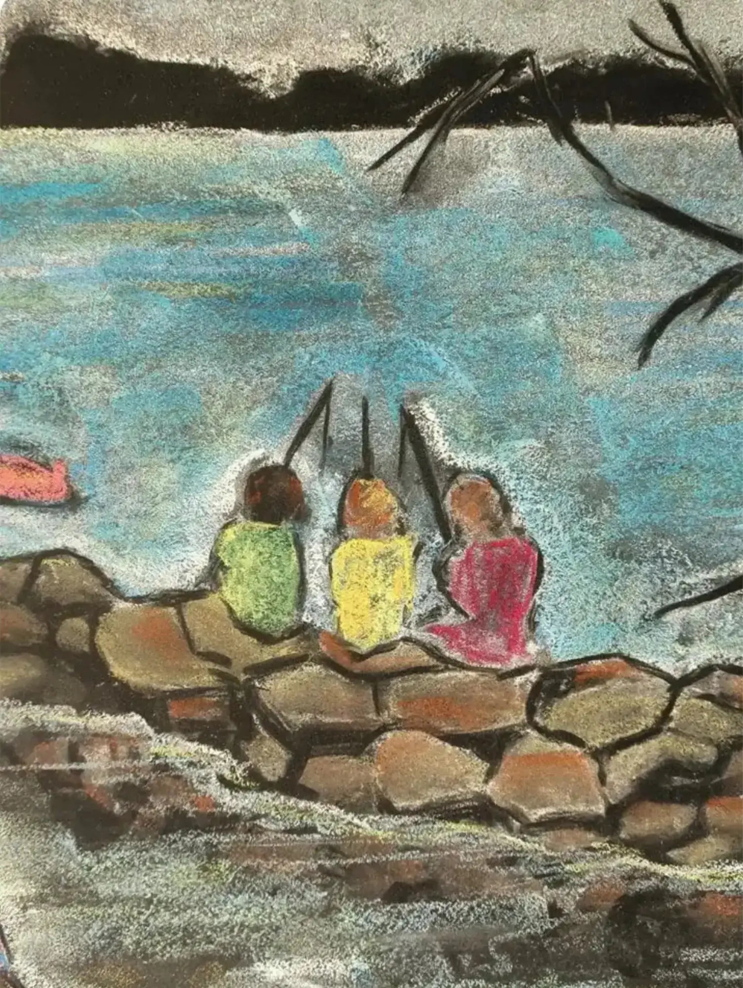 Pastel drawing of three children sitting on a stone wall by a body of water.